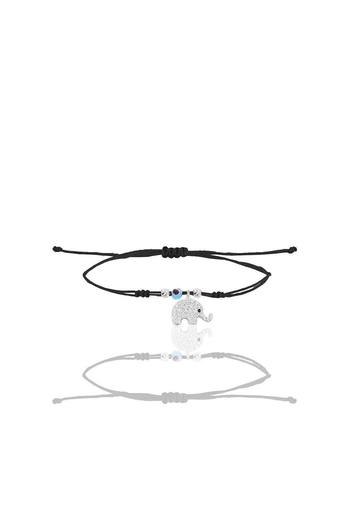 Gümüş rodyumlu zirkon taşlı nazarlı fil siyah ipli şans bileklik SGTL12466RODAJ
