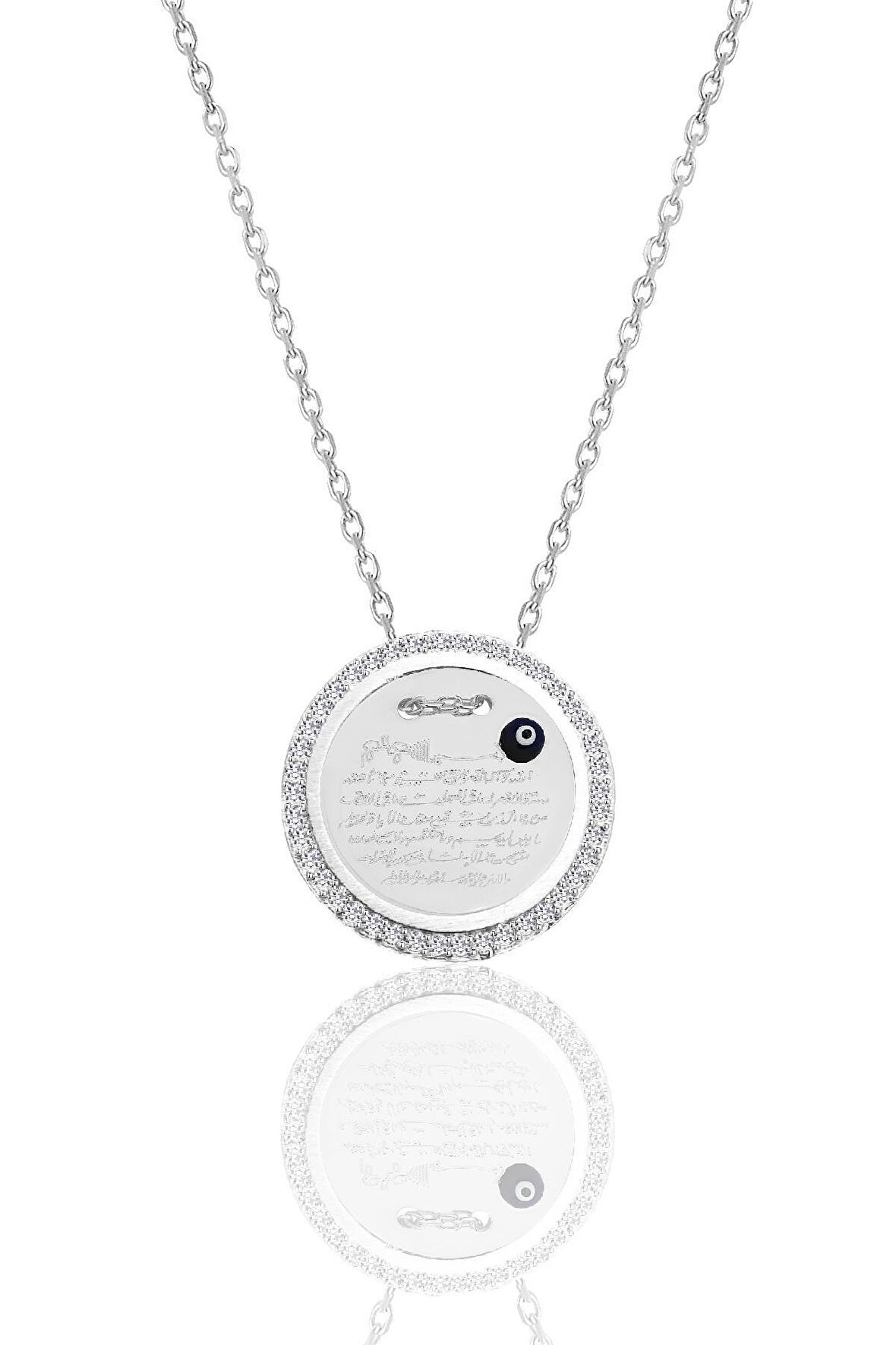 Gümüş rodyumlu zirkon taşlı Ayetel Kürsi yazılı nazarlı plaka kolye SGTL12491RODAJ