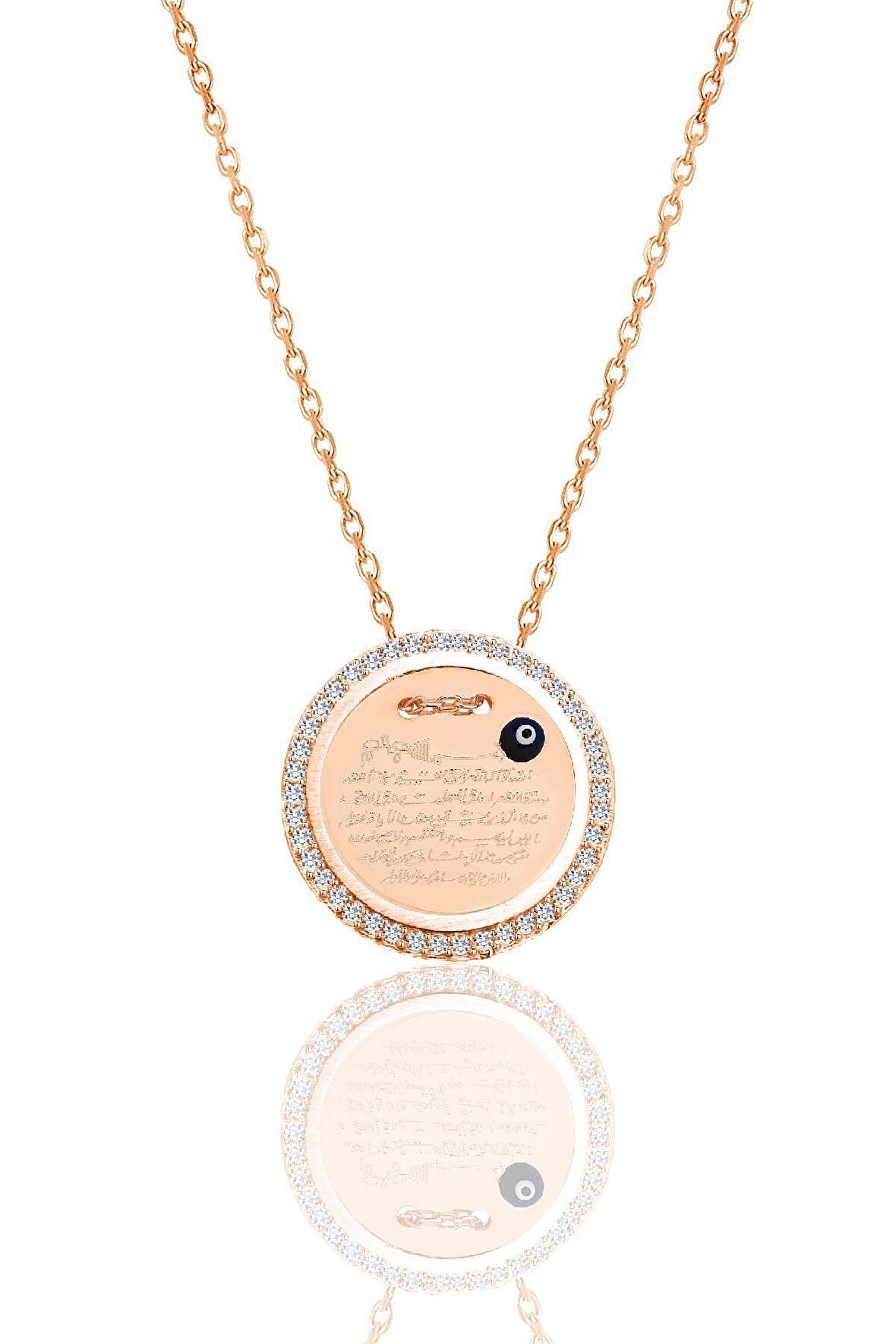 Gümüş rose zirkon taşlı Ayetel Kürsi yazılı nazarlı plaka kolye SGTL12491ROSE