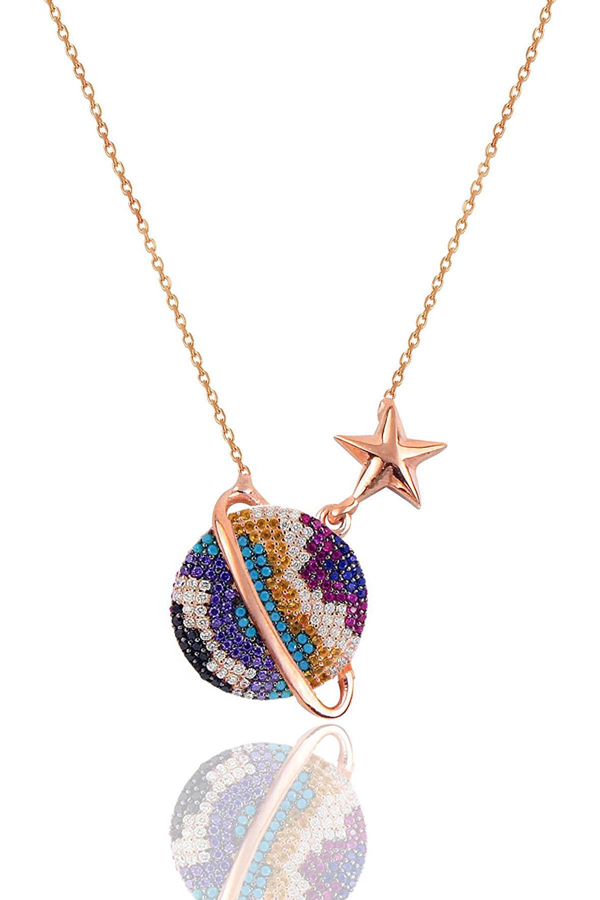 Gümüş rose ebruli zirkon taşlı satürn gezegen kolye SGTL12512EBRULI