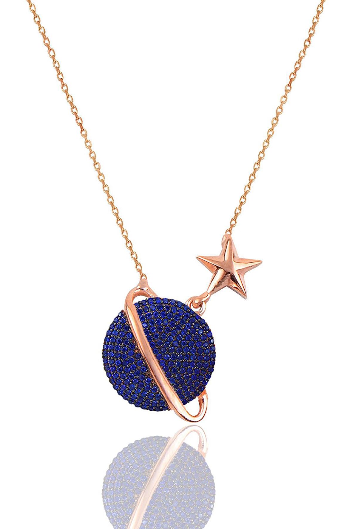 Gümüş rose safir taşlı satürn gezegen kolye SGTL12512LACIVERT