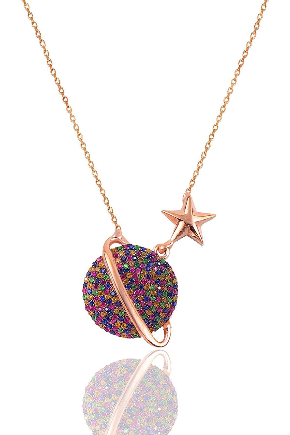 Gümüş rose renkli taşlı satürn gezegen kolye SGTL12512RENKLI