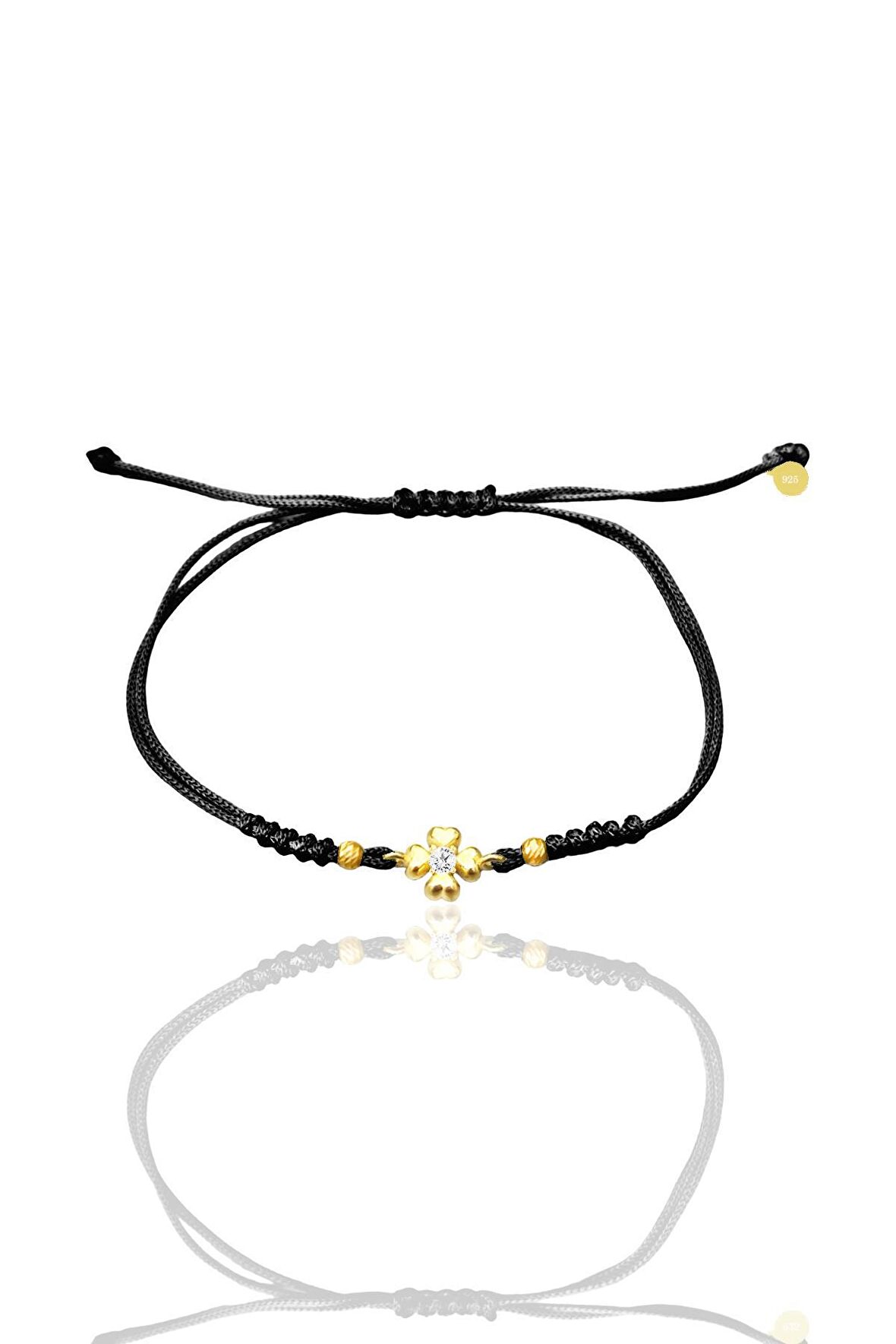 Gümüş altın yaldızlı zirkon taşlı dorica toplu siyah ipli yonca şans bileklik SGTL12523SIYAH