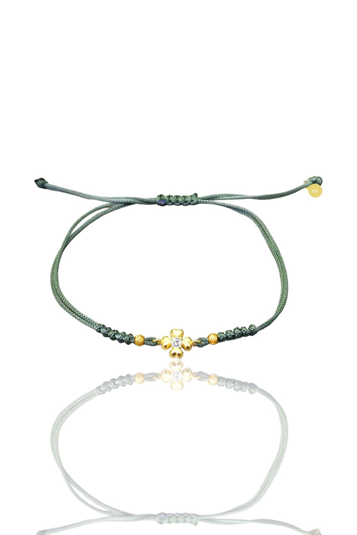 Gümüş altın yaldızlı zirkon taşlı dorica toplu yeşil ipli yonca şans bileklik SGTL12523YESIL