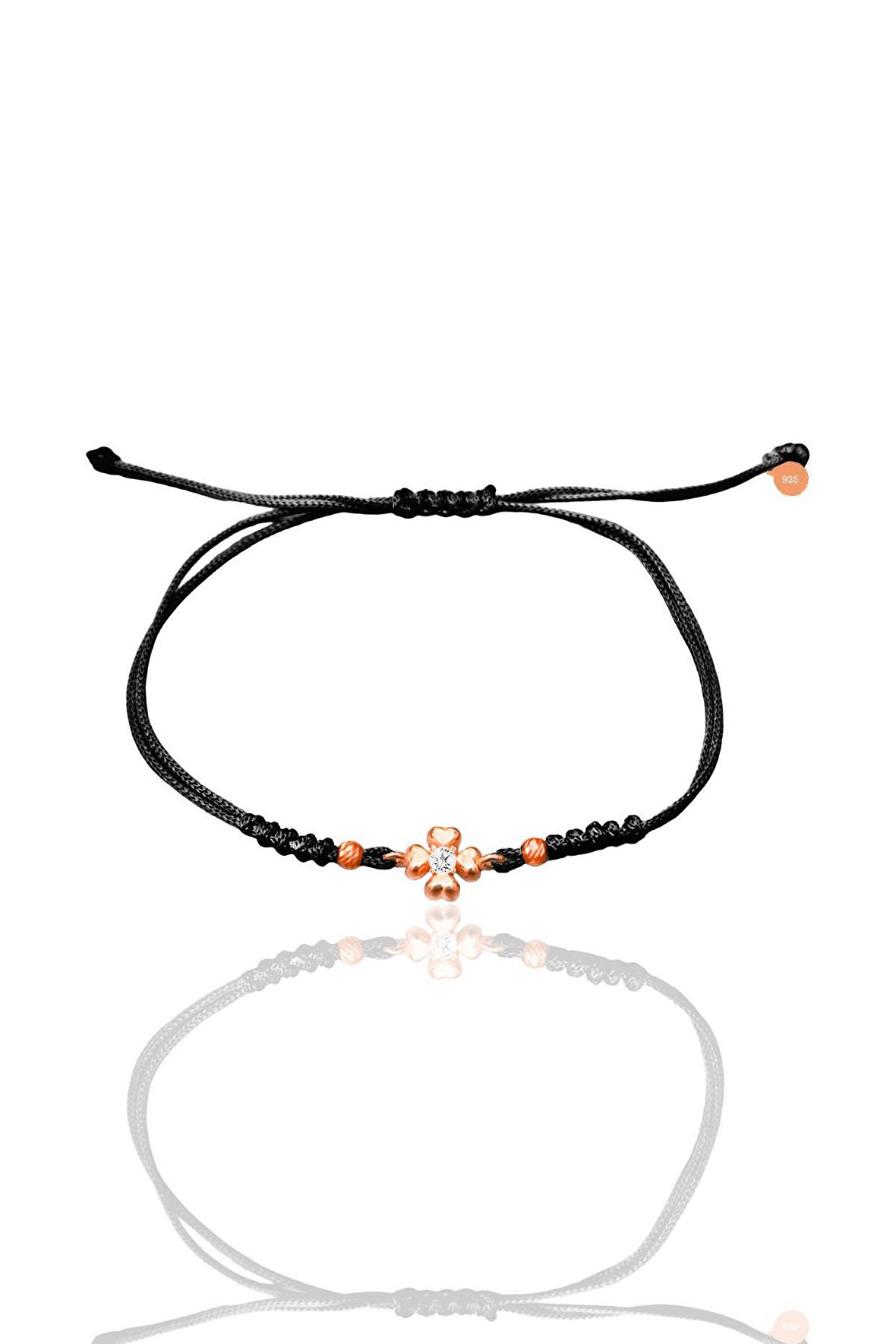 Gümüş rose zirkon taşlı dorica toplu siyah ipli yonca şans bileklik SGTL12525SIYAH