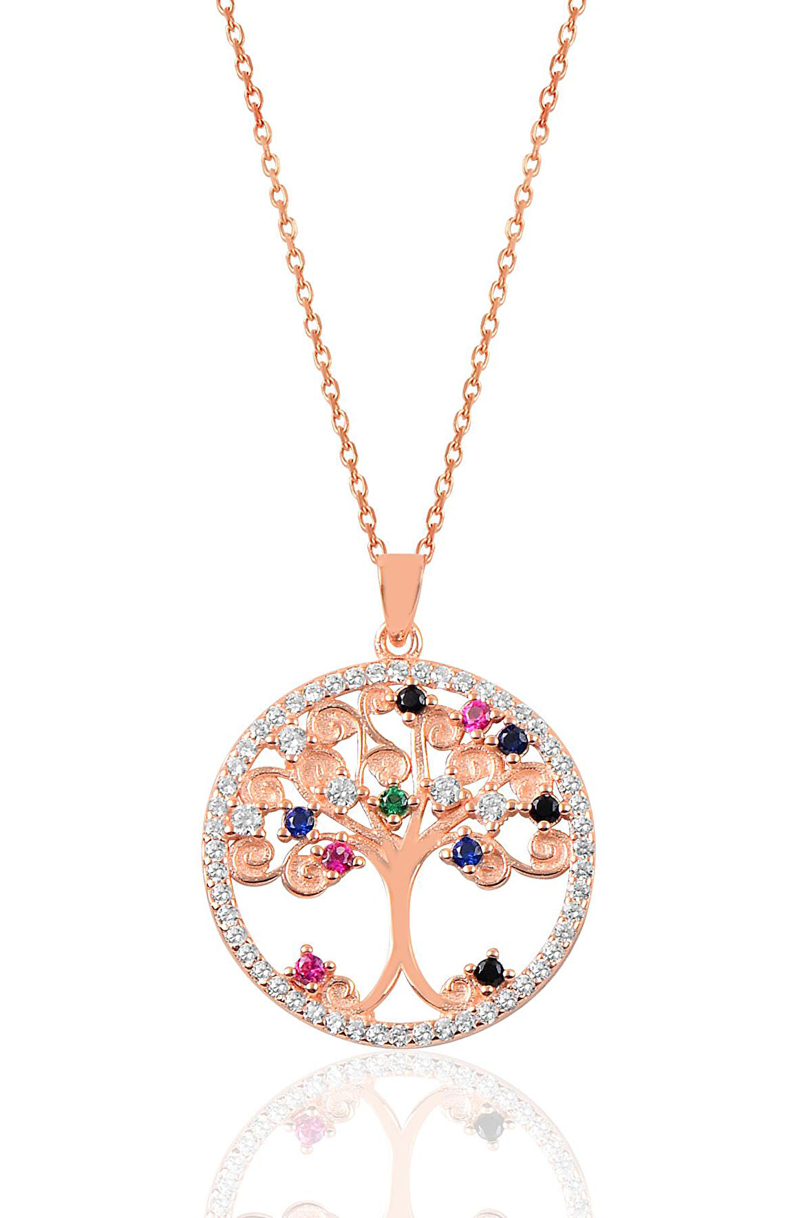 Gümüş rose zirkon taşlı yaşamın renkli dalları ağaç kolye SGTL12631ROSE