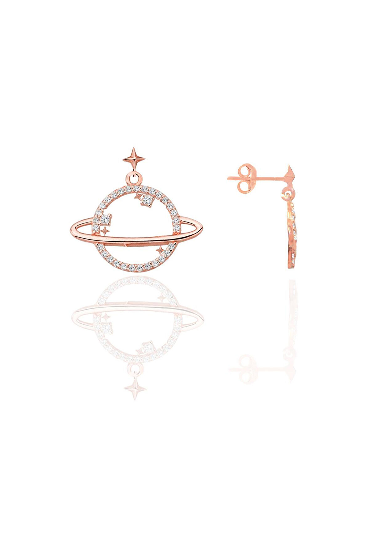Gümüş rose zirkon taşlı satürn gezegen küpe SGTL12657ROSE