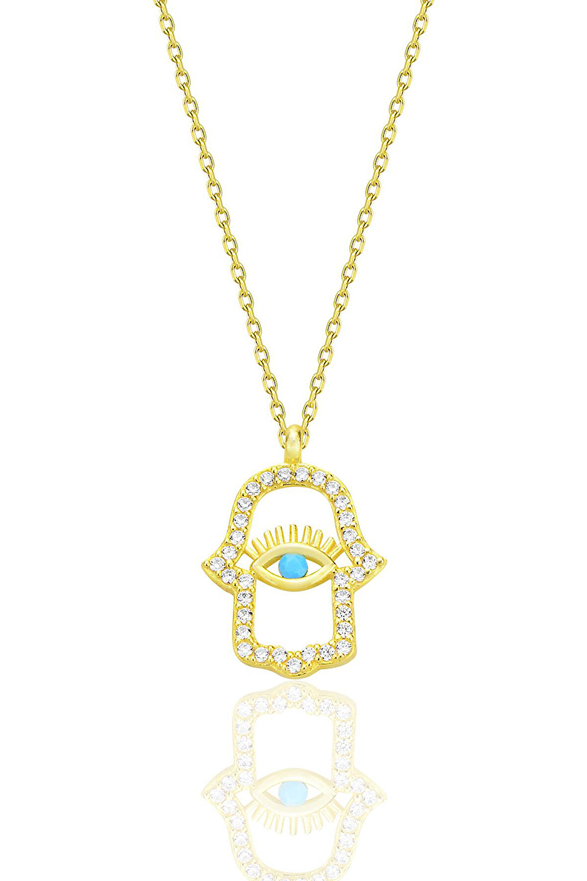 Gümüş altın yaldızlı turkuaz ve zirkon taşlı koruyucu hamsa el kolye SGTL12669GOLD