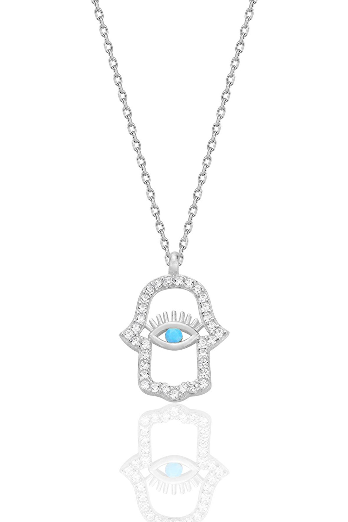 Gümüş rodyumlu turkuaz ve zirkon taşlı koruyucu hamsa el kolye SGTL12669RODAJ