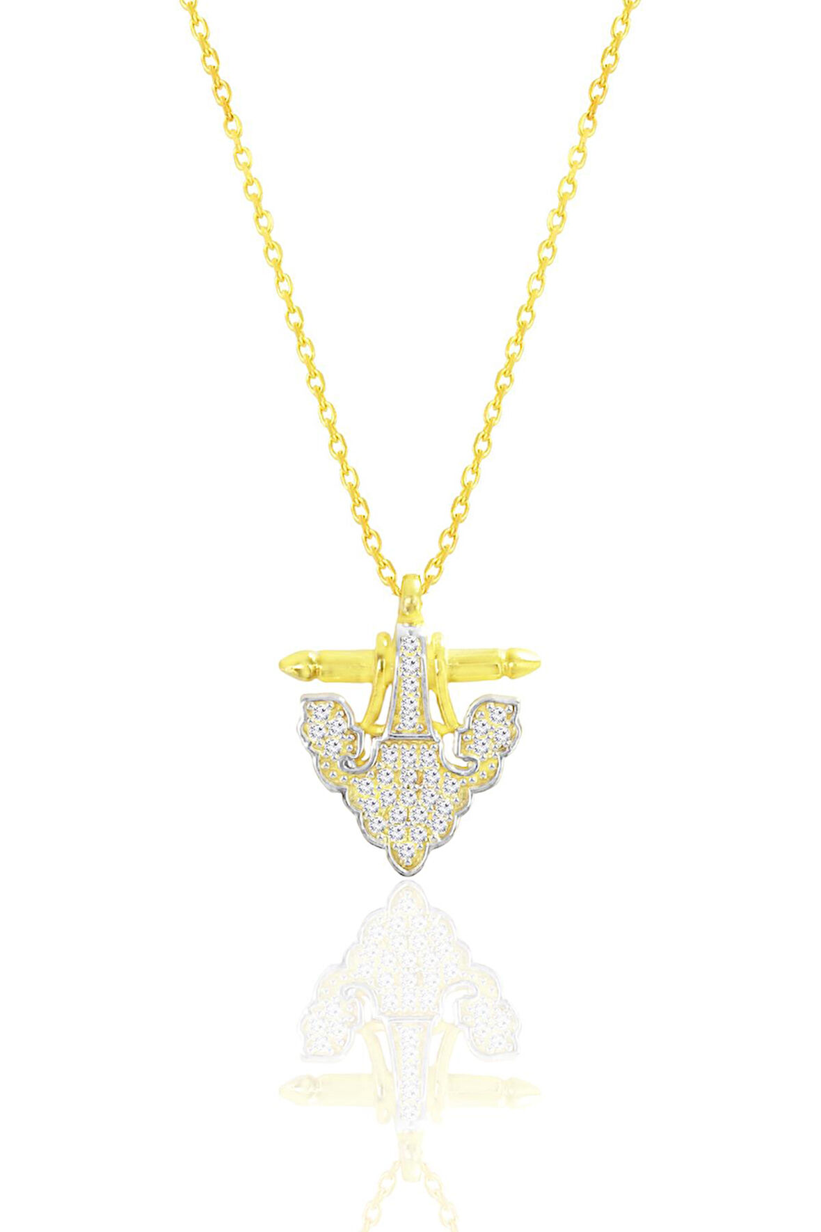 Gümüş altın yaldızlı zirkon taşlı fleur de lis (Zambak) kolye SGTL12679GOLD