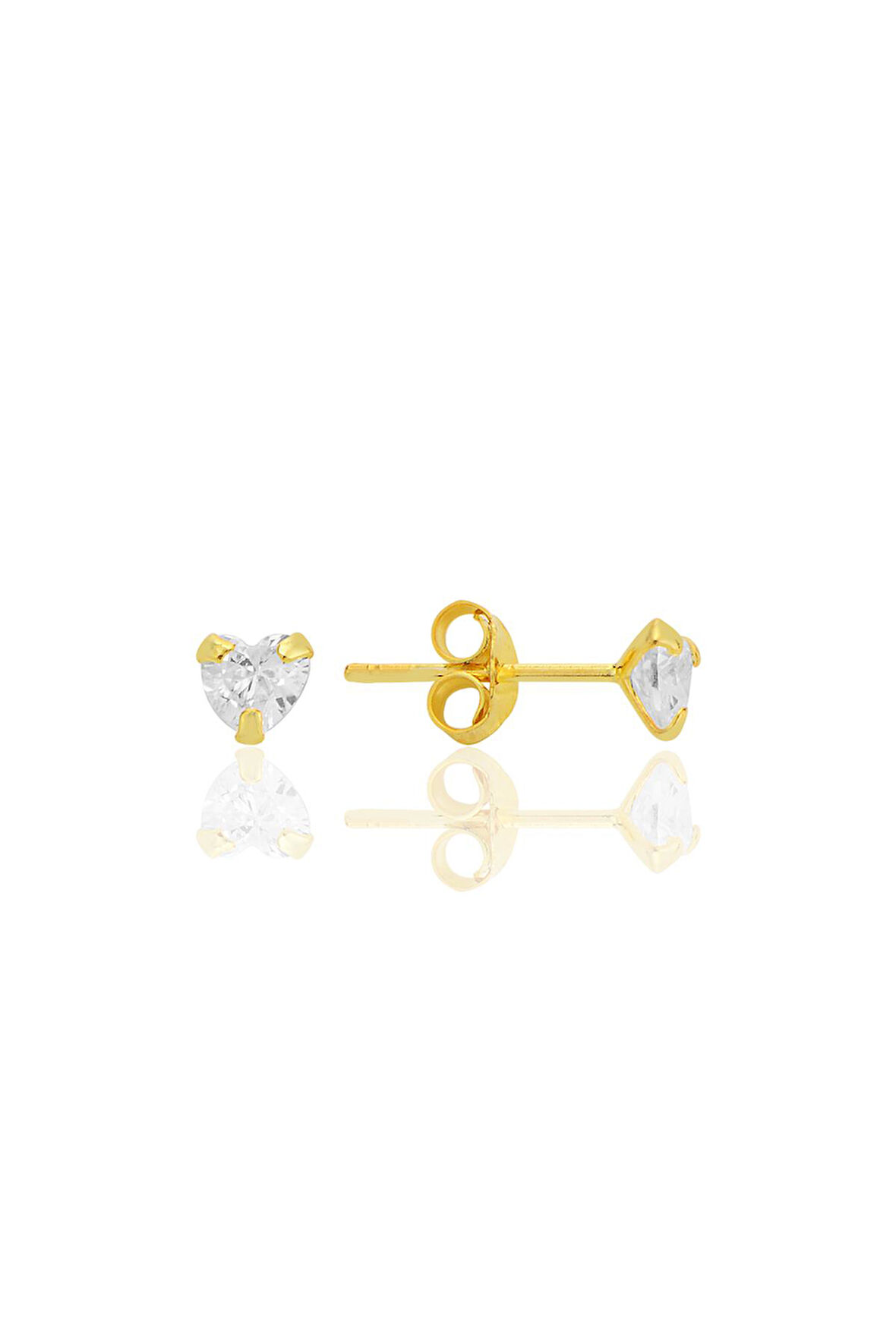 Gümüş zirkon taşlı, altın yaldızlı, kalp kesim 4 mm tektaş küpe SGTL12739GOLD