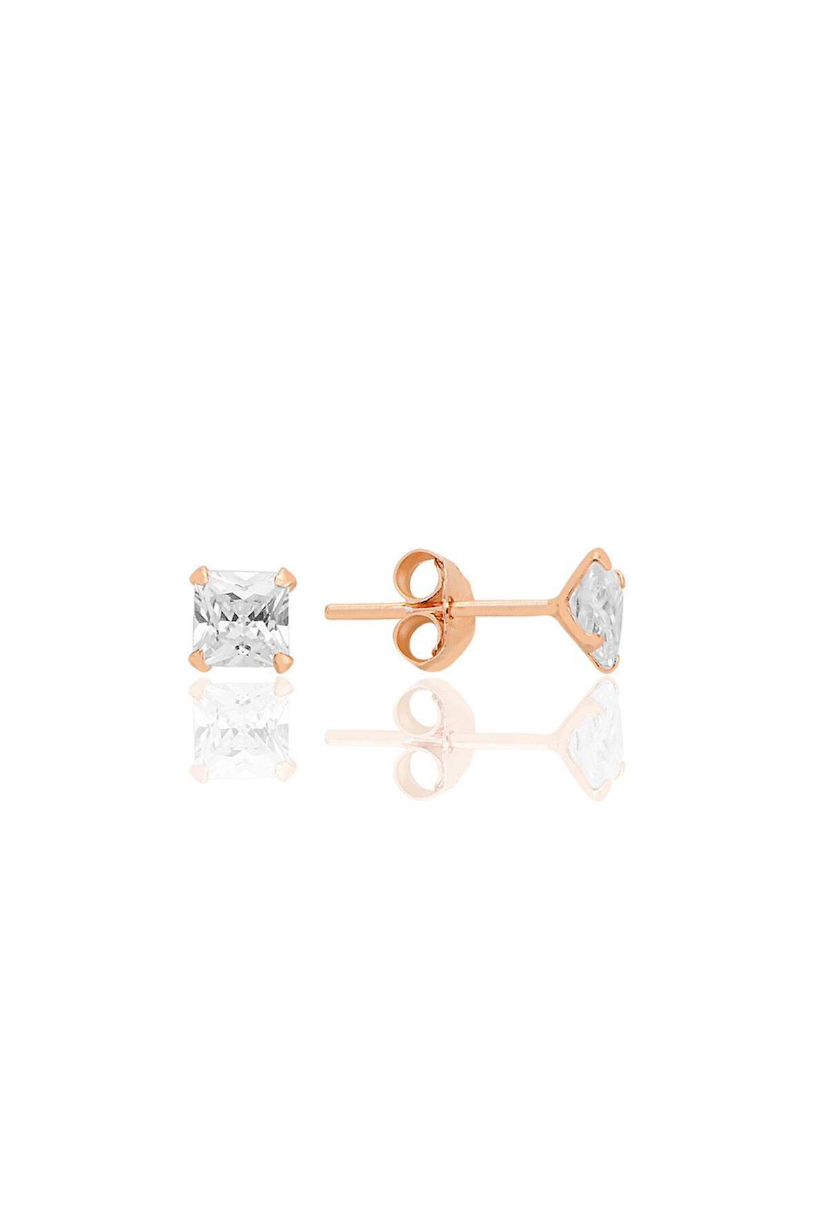 Gümüş zirkon taşlı,rose, kare (Prenses) kesim 4 mm tektaş küpe SGTL12742ROSE