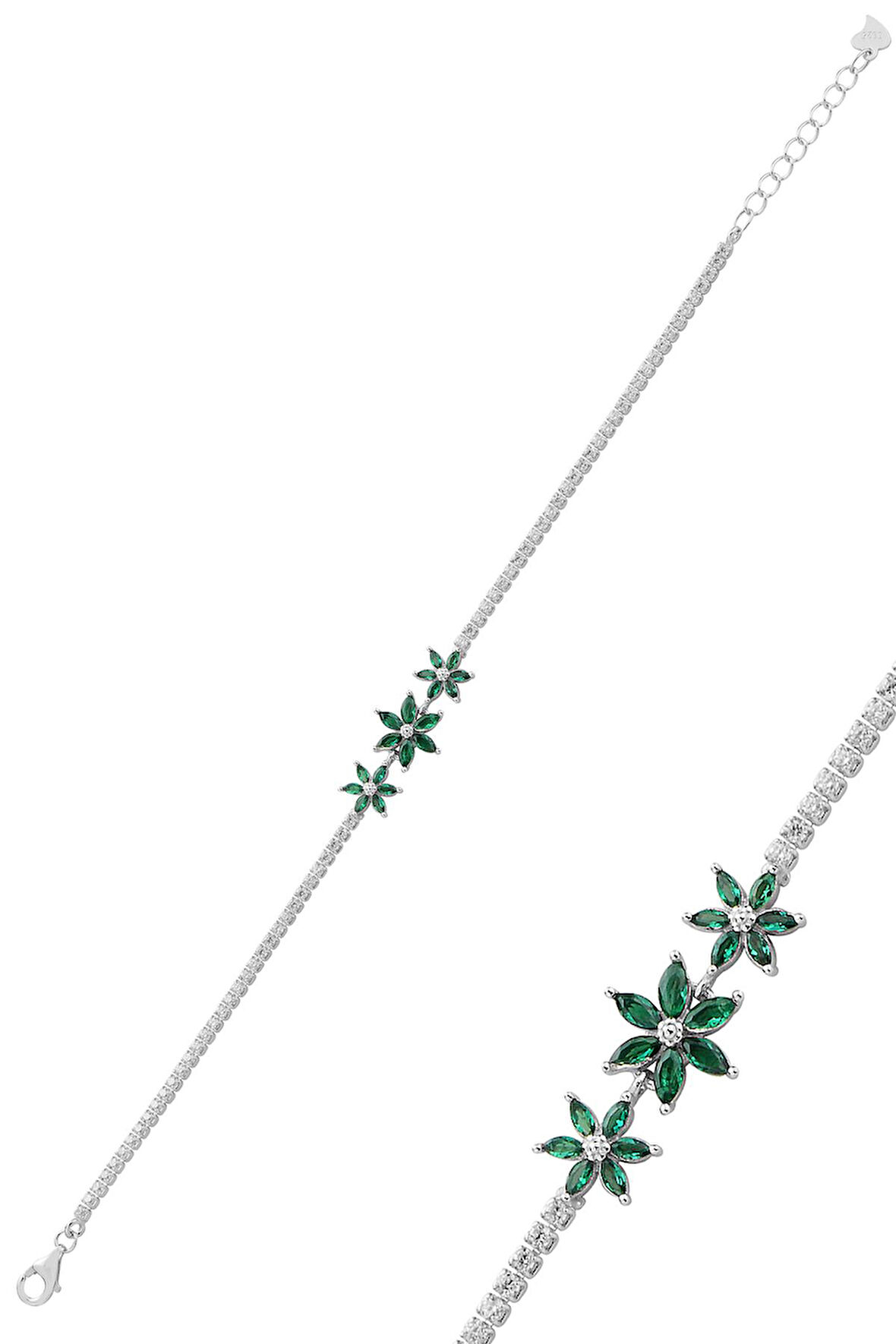 Gümüş rodyumlu markiz kesim yeşil taşlı lotus çiçekler su yolu bileklik SGTL12761YESIL
