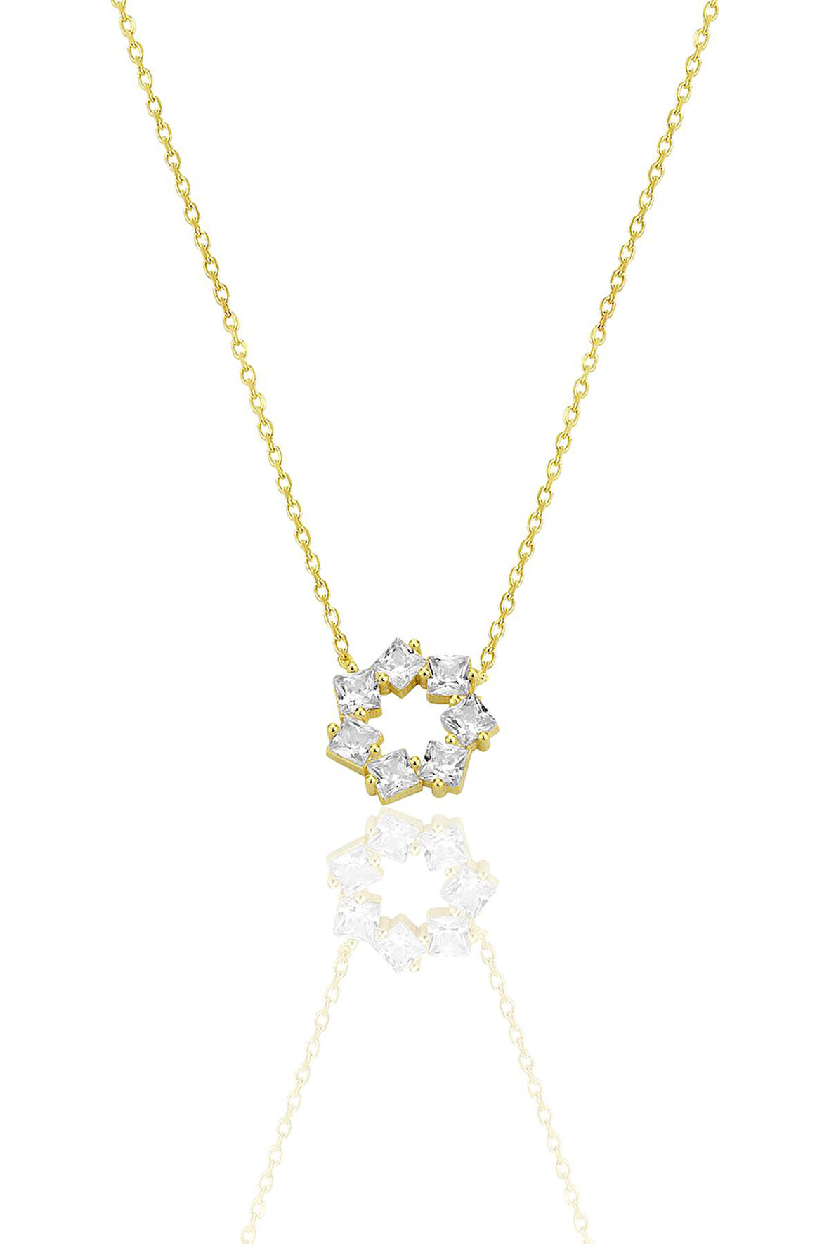 Gümüş altın yaldızlı baget kesim zirkon taşlı yıldız çiçeği  kolye SGTL12792GOLD