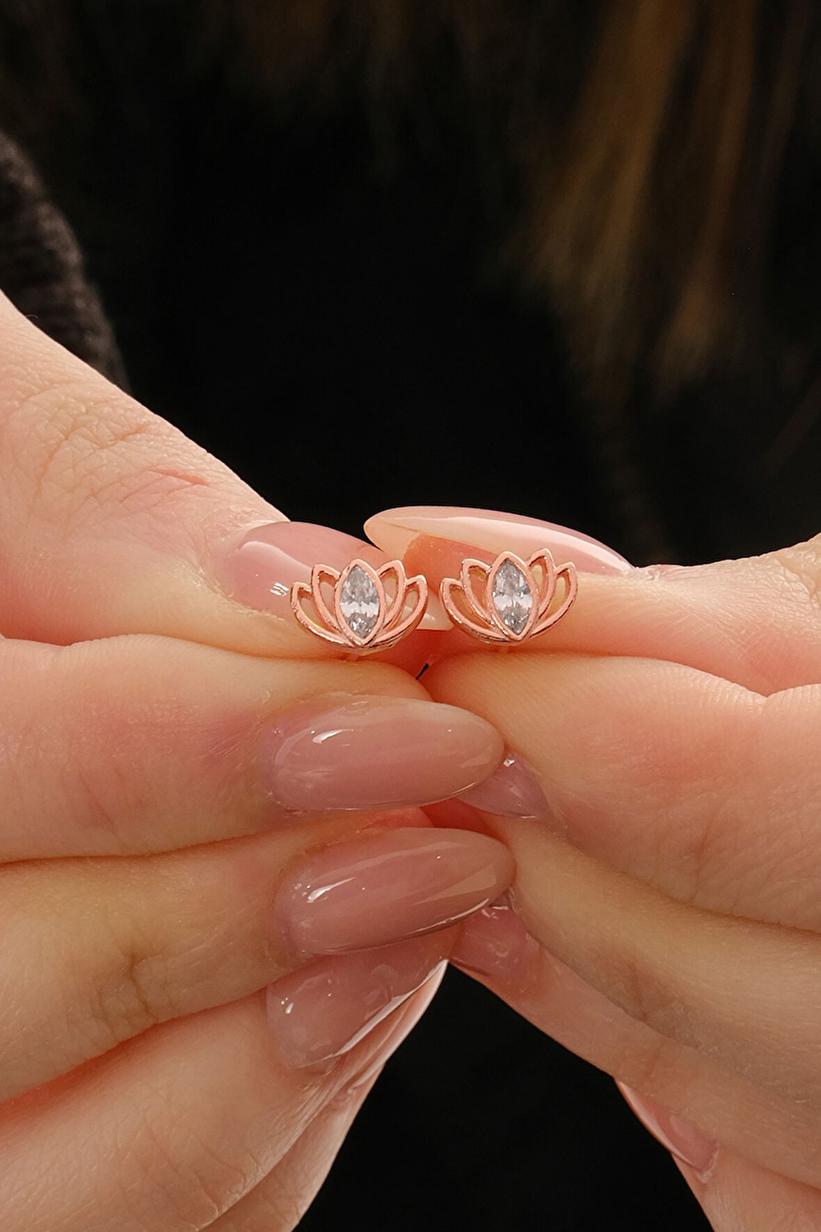 Gümüş rose markiz kesim zirkon taşlı lotus küpe SGTL12833ROSE