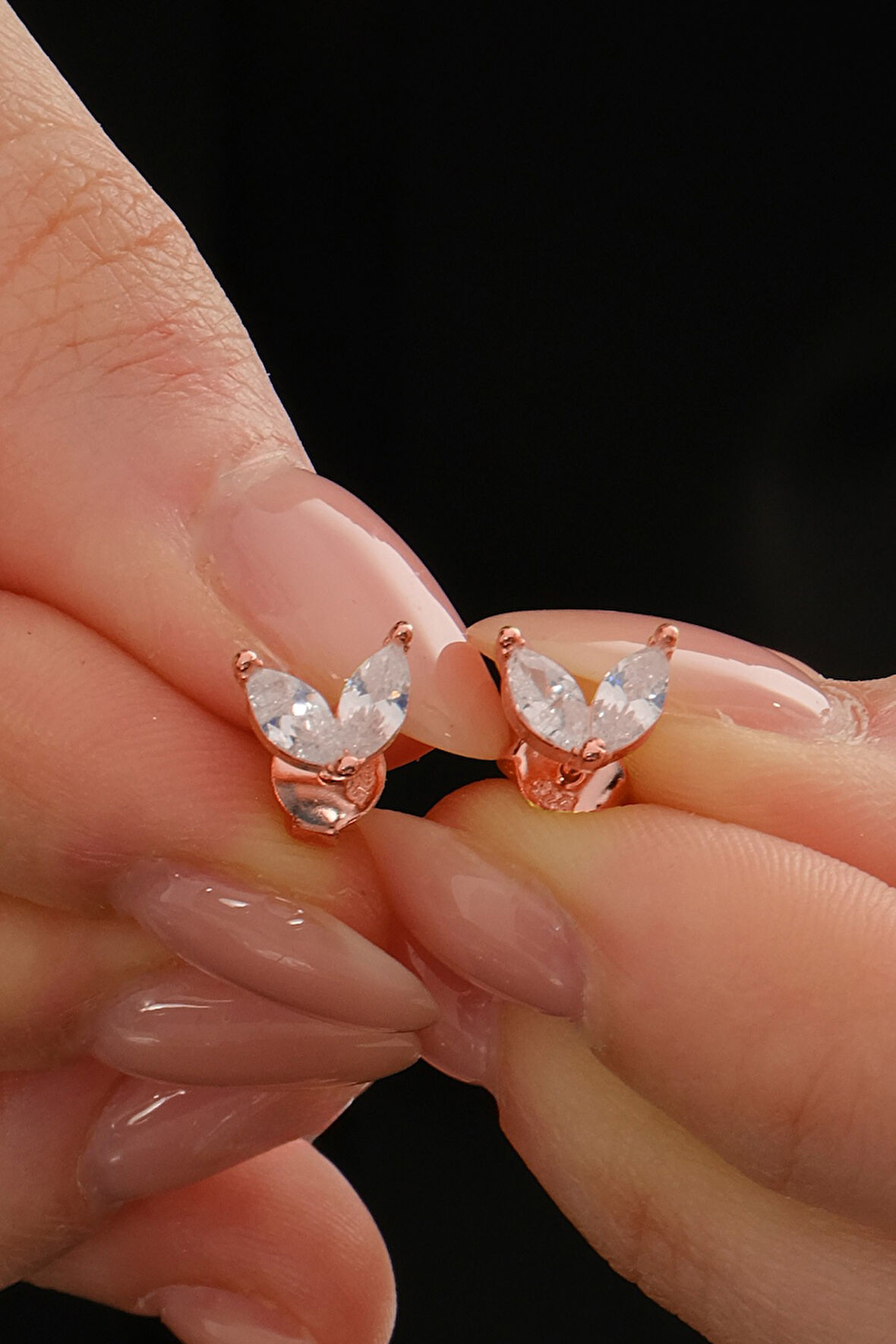 Gümüş rose markız kesim zirkon taşlı buz çiçeği küpe SGTL12838ROSE