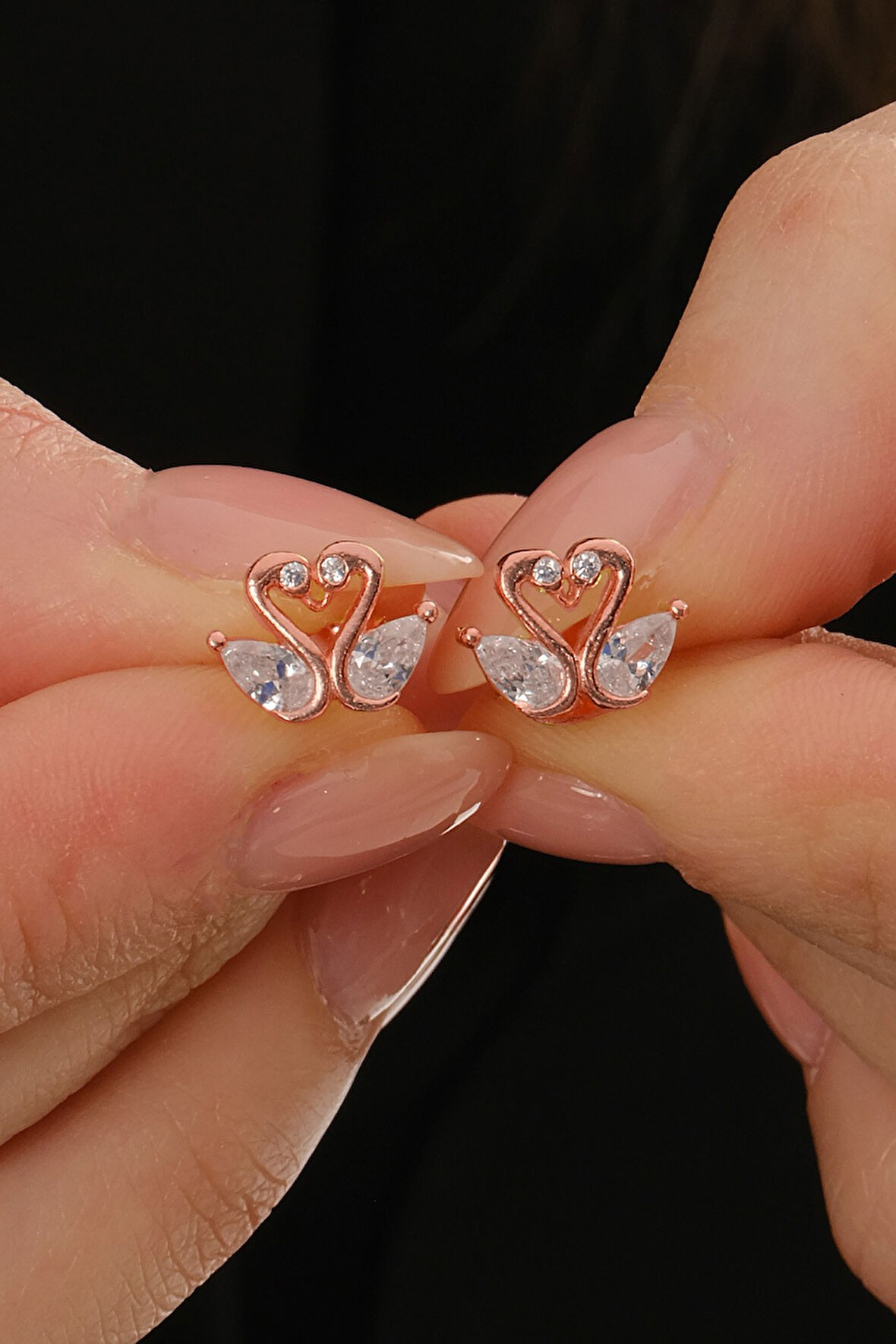 Gümüş rose damla kesim zirkon taşlı aşık kuğular küpe SGTL12839ROSE