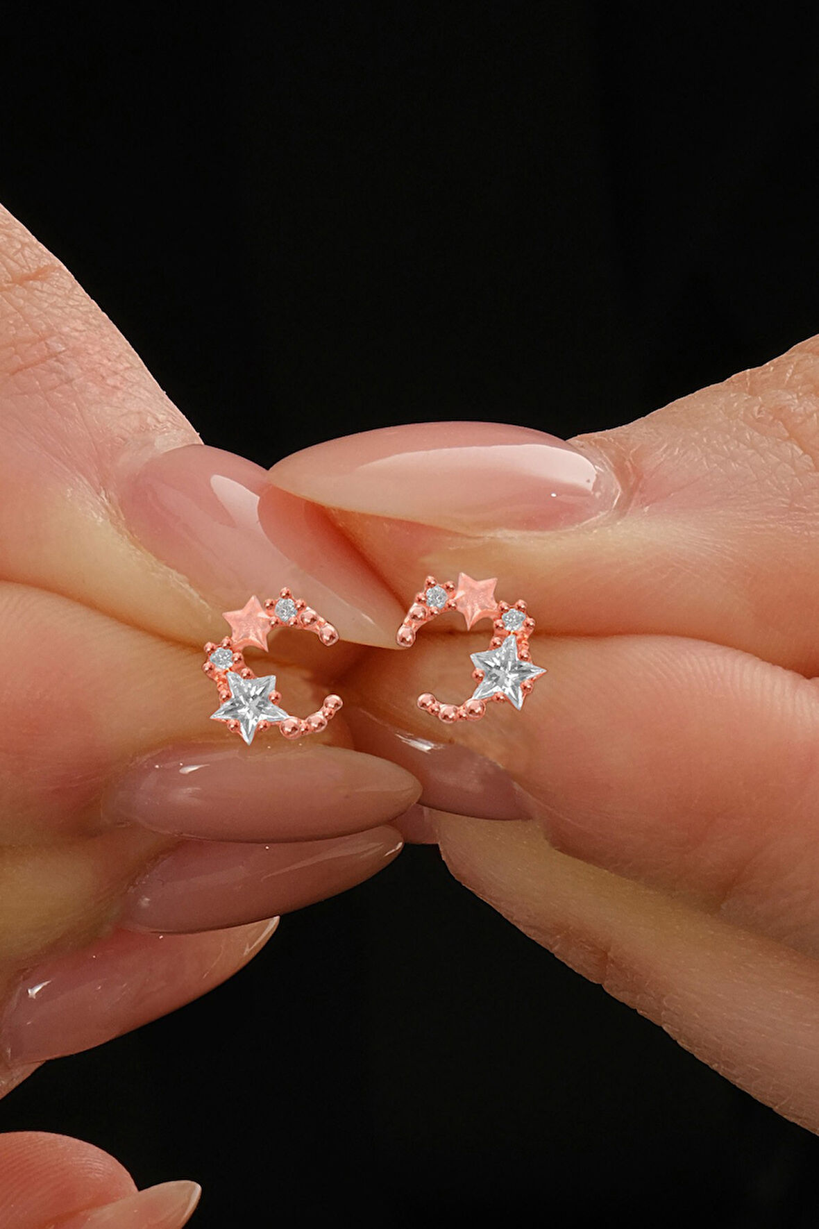 Gümüş rose yıldız kesim zirkon taşlı ay yıldız küpe SGTL12843ROSE