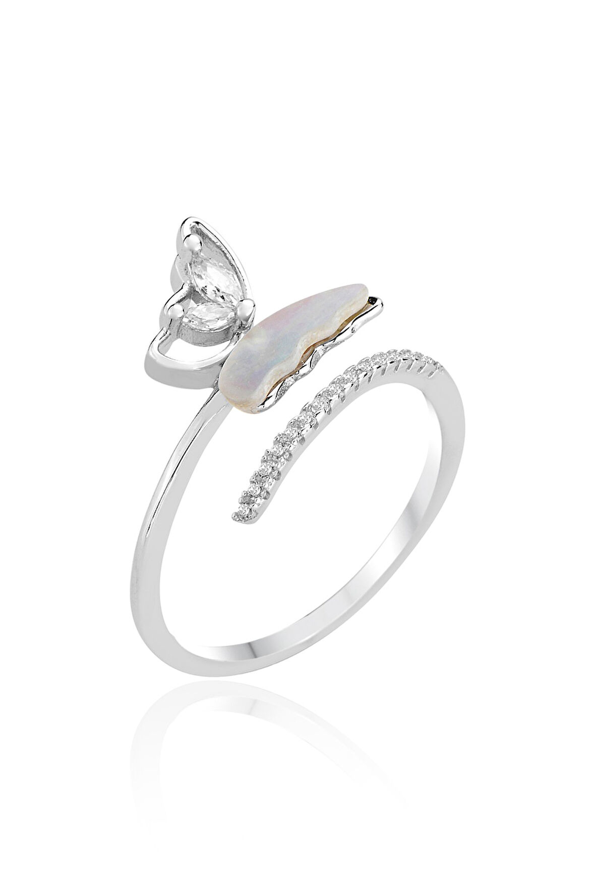 Gümüş rodyumlu sedef ve zirkon taşlı üstten ayarlanabilir kelebek yüzük 