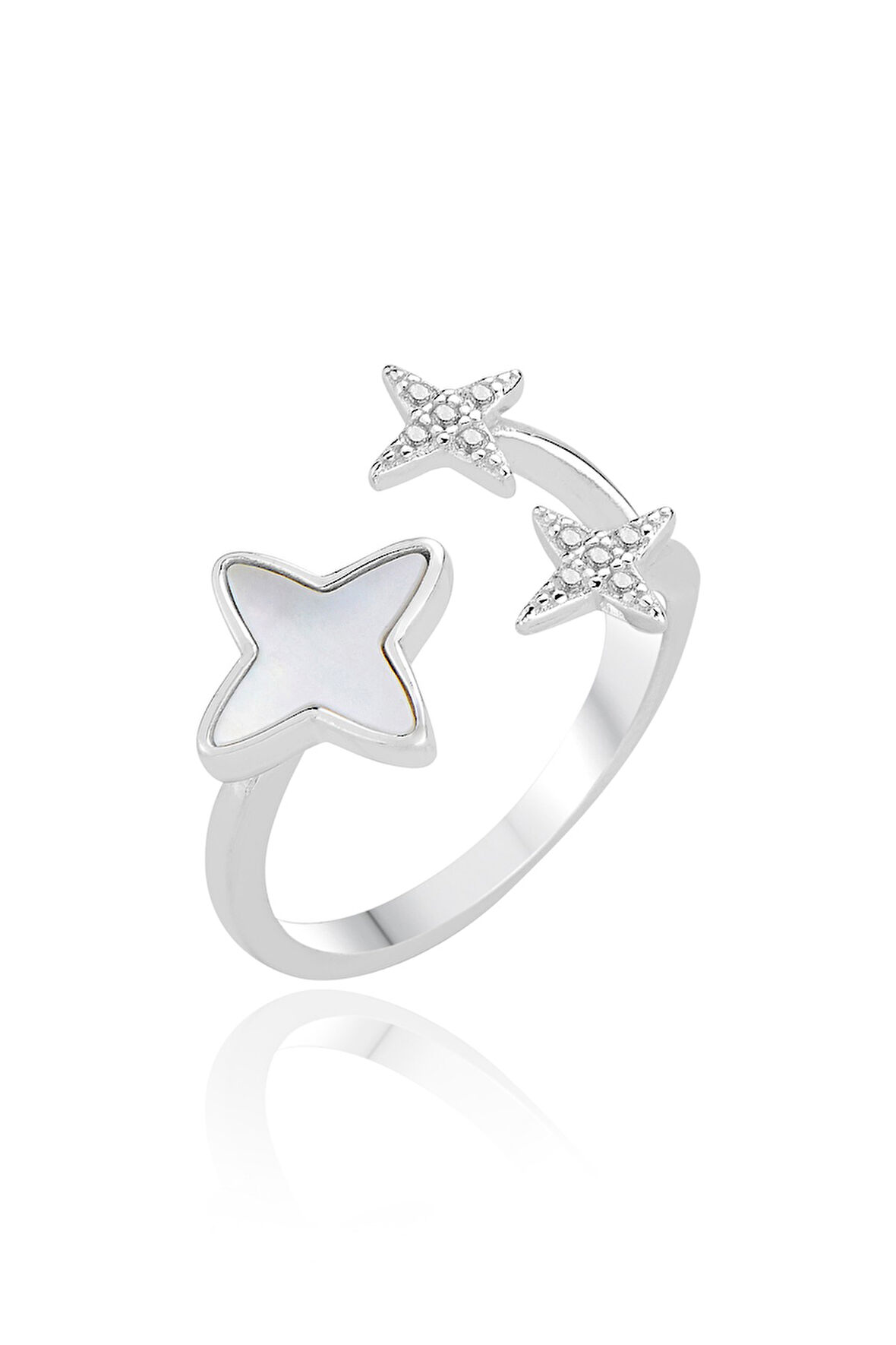 Gümüş rodyumlu sedef ve zirkon taşlı üstten ayarlanabilir yonca yıldızı yüzük 