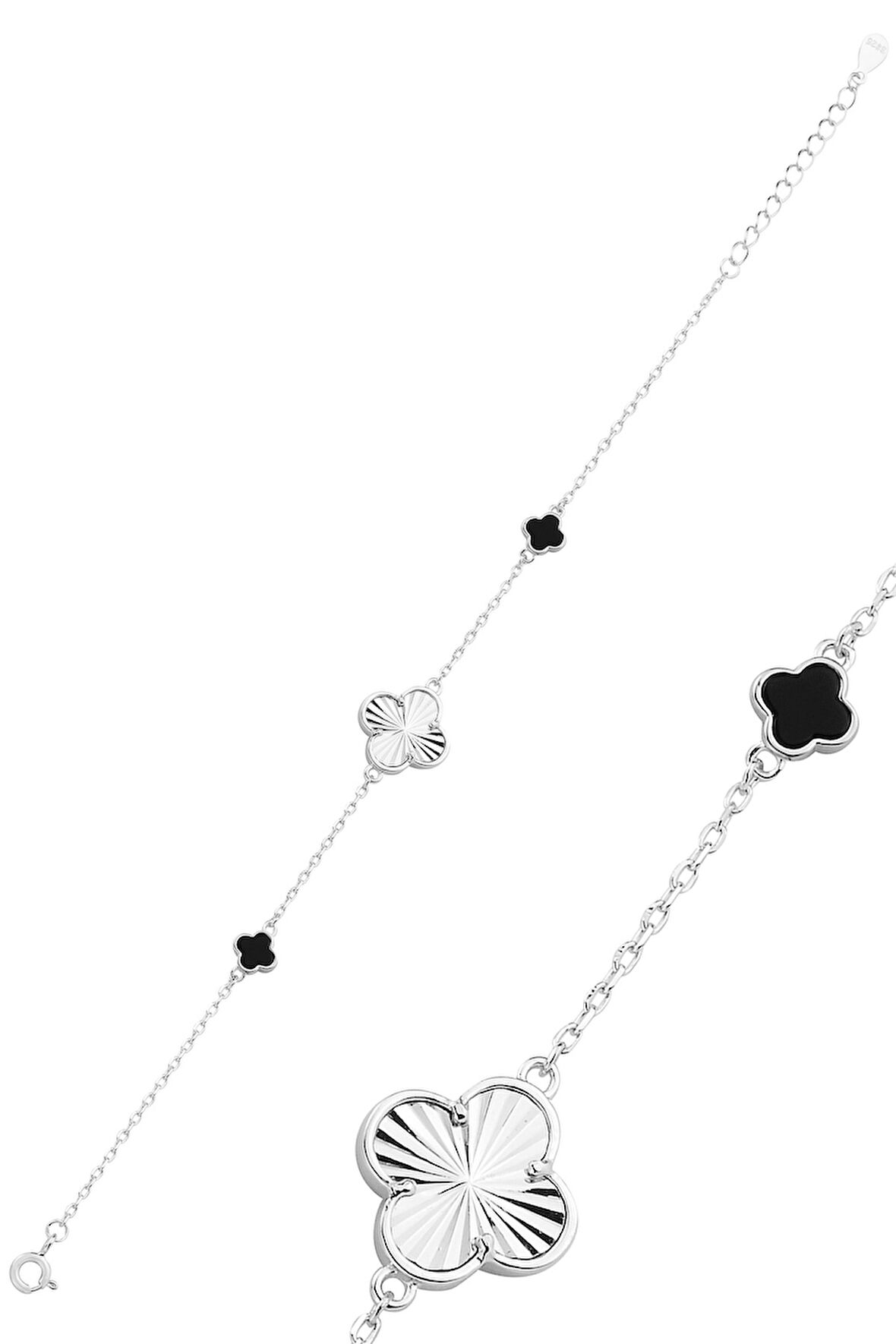 Gümüş rodyumlu siyah sedef taşlı lazerli talih yoncası bileklik SGTL12864SİYAH