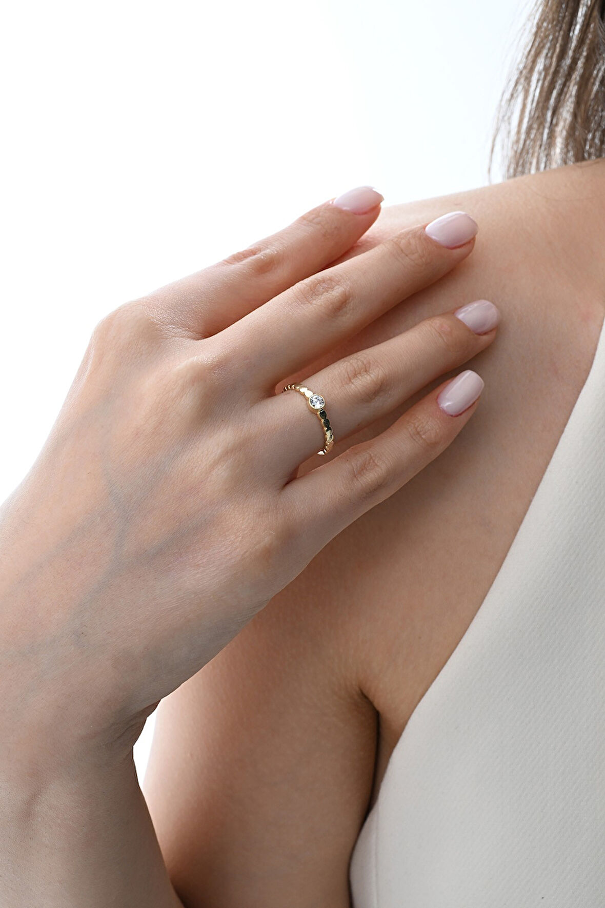 Gümüş altın yaldızlı zirkon taşlı noktalı pura yüzük  