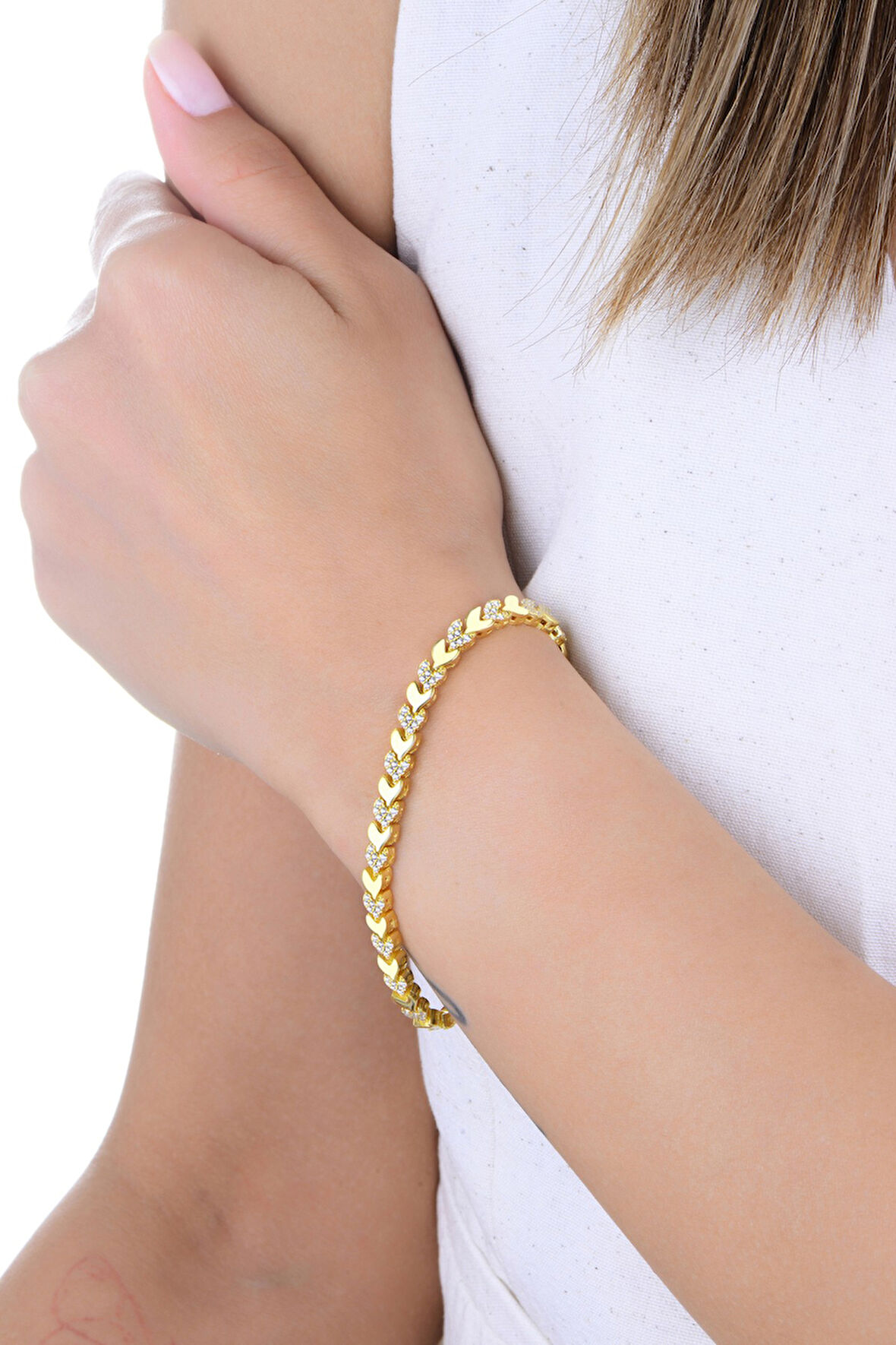 Gümüş altın yaldızlı zirkon taşlı yaprak yolu bileklik SGTL12899GOLD
