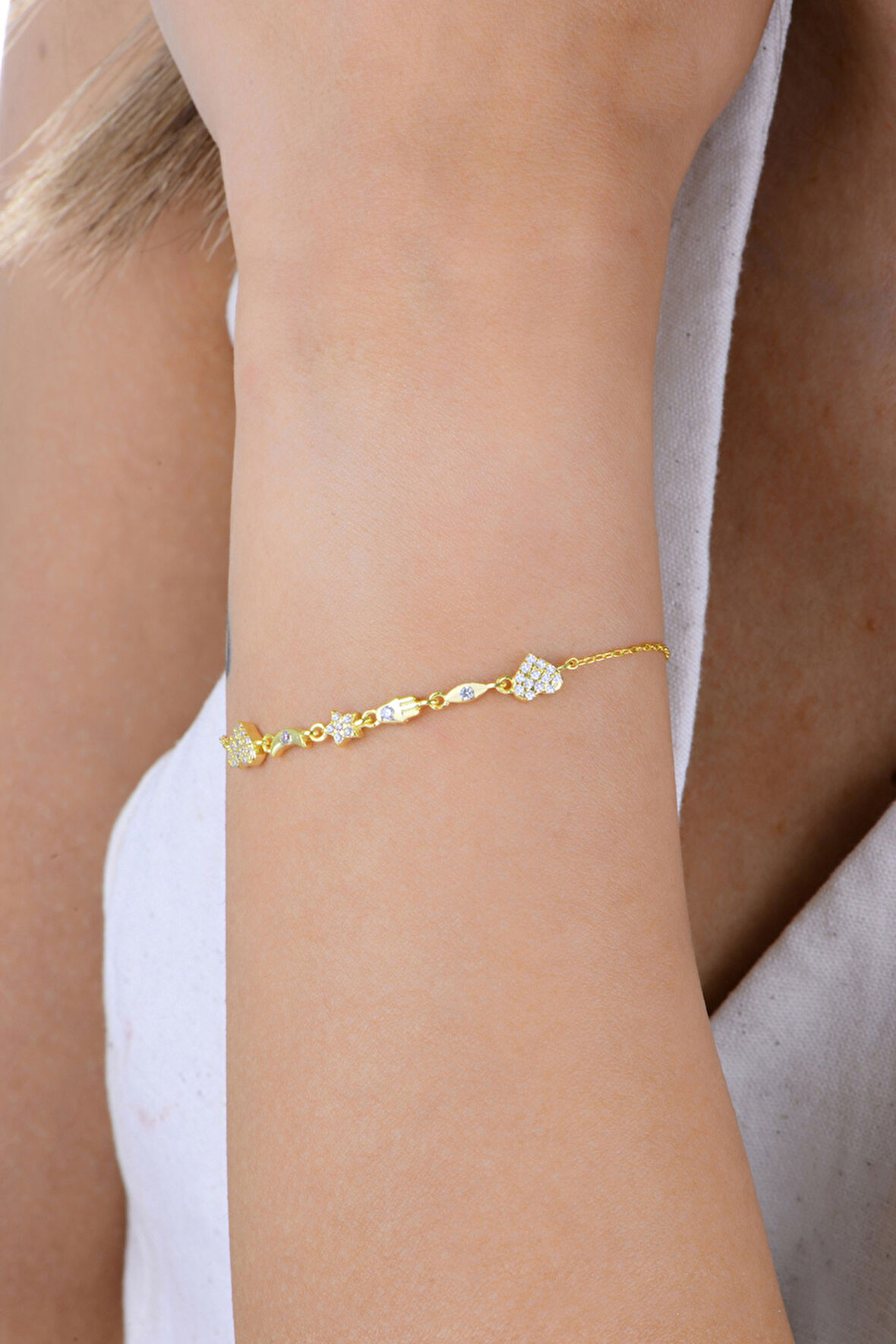 Gümüş altın yaldızlı zirkon taşlı aşk ve şans bilekliği SGTL12940GOLD