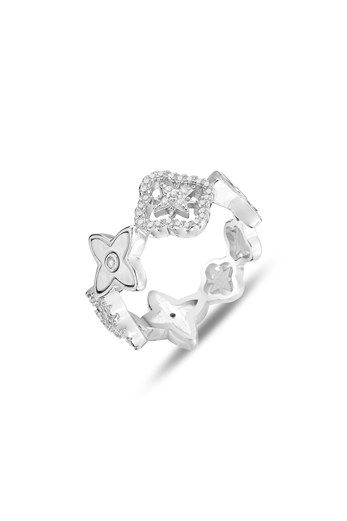 Gümüş rodyumlu zirkon ve sedef taşlı yön gösteren kutup yıldızlı tamtur yonca yüzük 