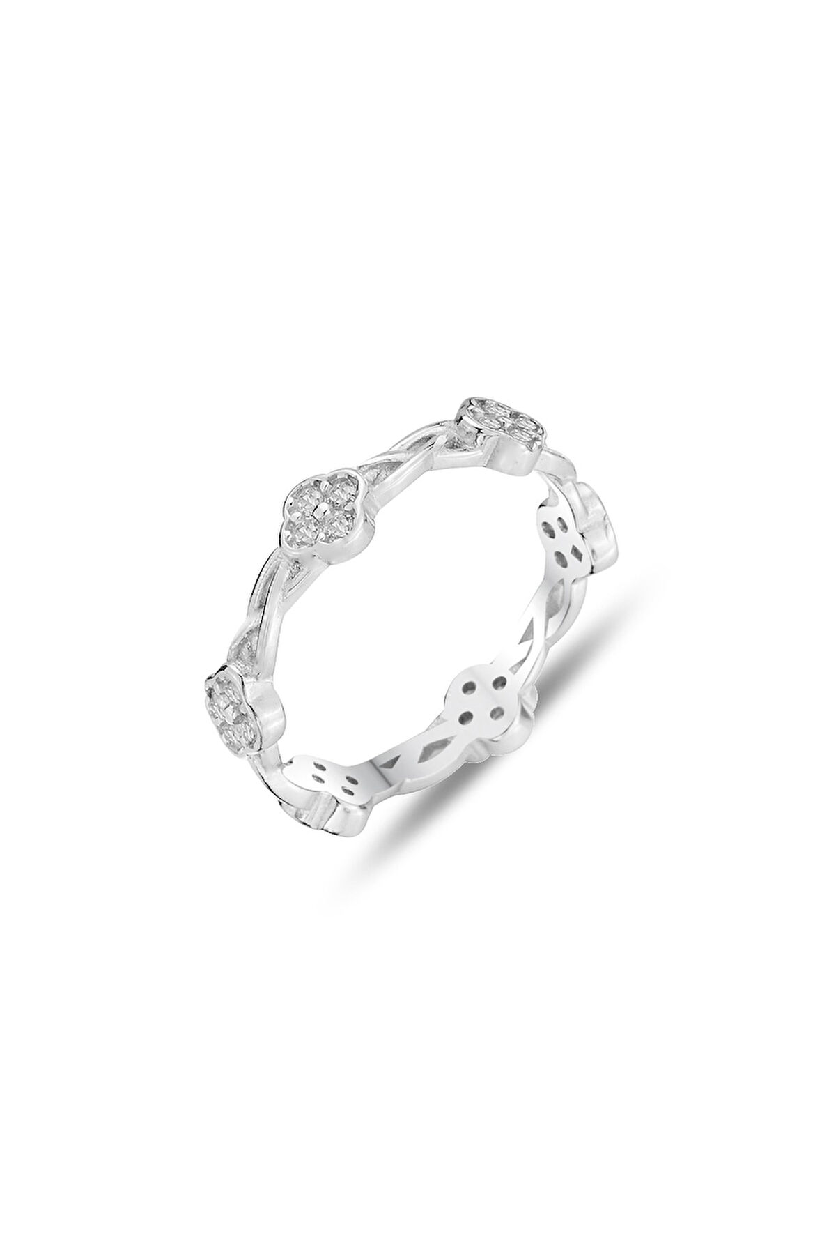 Gümüş rodyumlu zirkon taşlı örgülü yonca tamtur yüzük 