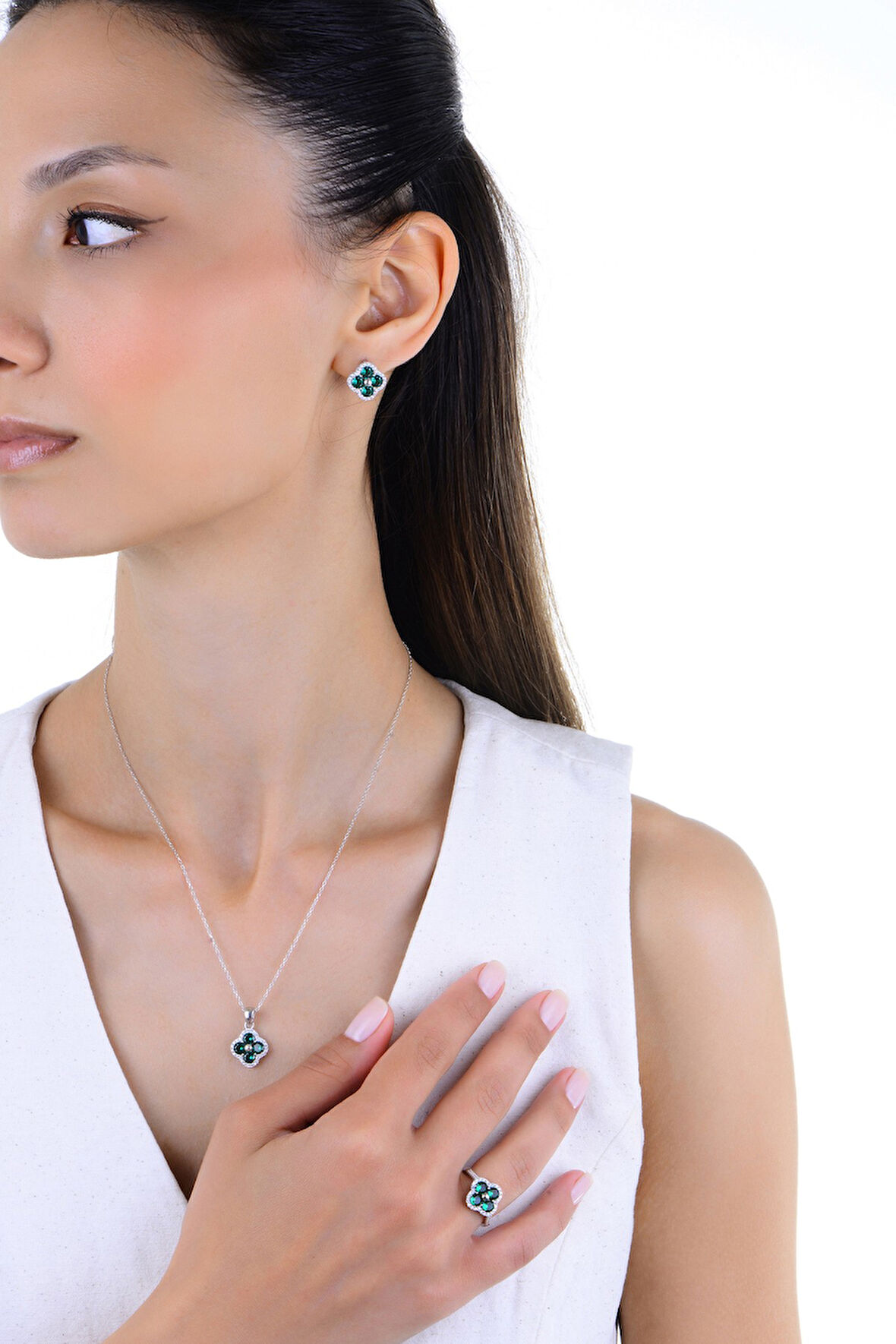 Gümüş rodyumlu yeşil zirkon taşlı trifolium yonca üçlü set 