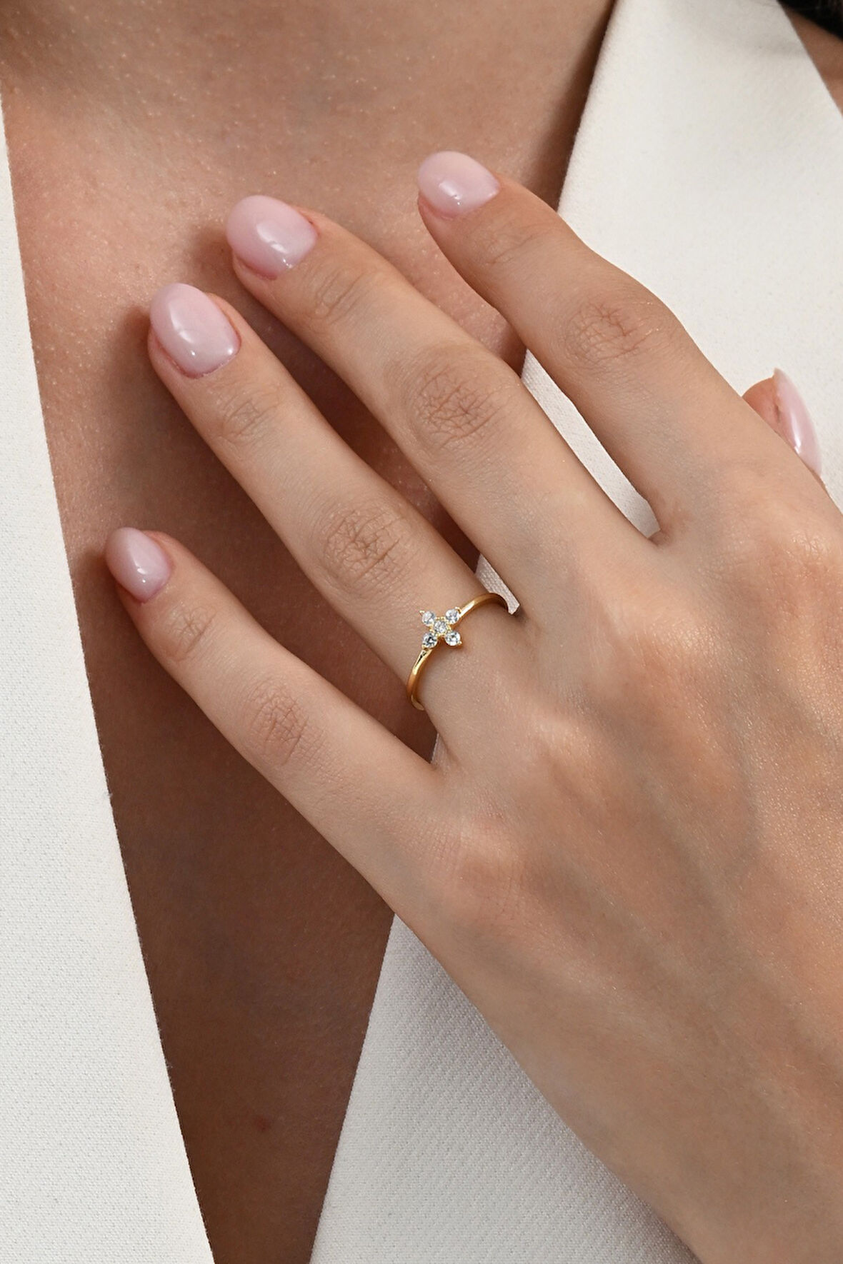 Gümüş altın yaldızlı zirkon taşlı tiny clover yonca yüzük 