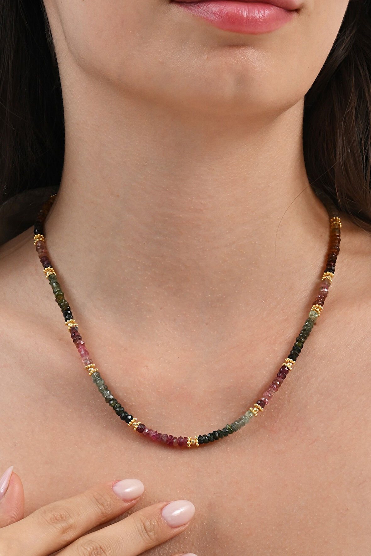 925 Ayar gümüş altın yaldızlı turmalin doğal taşlı dizi kolye SGTL13087RENKLI