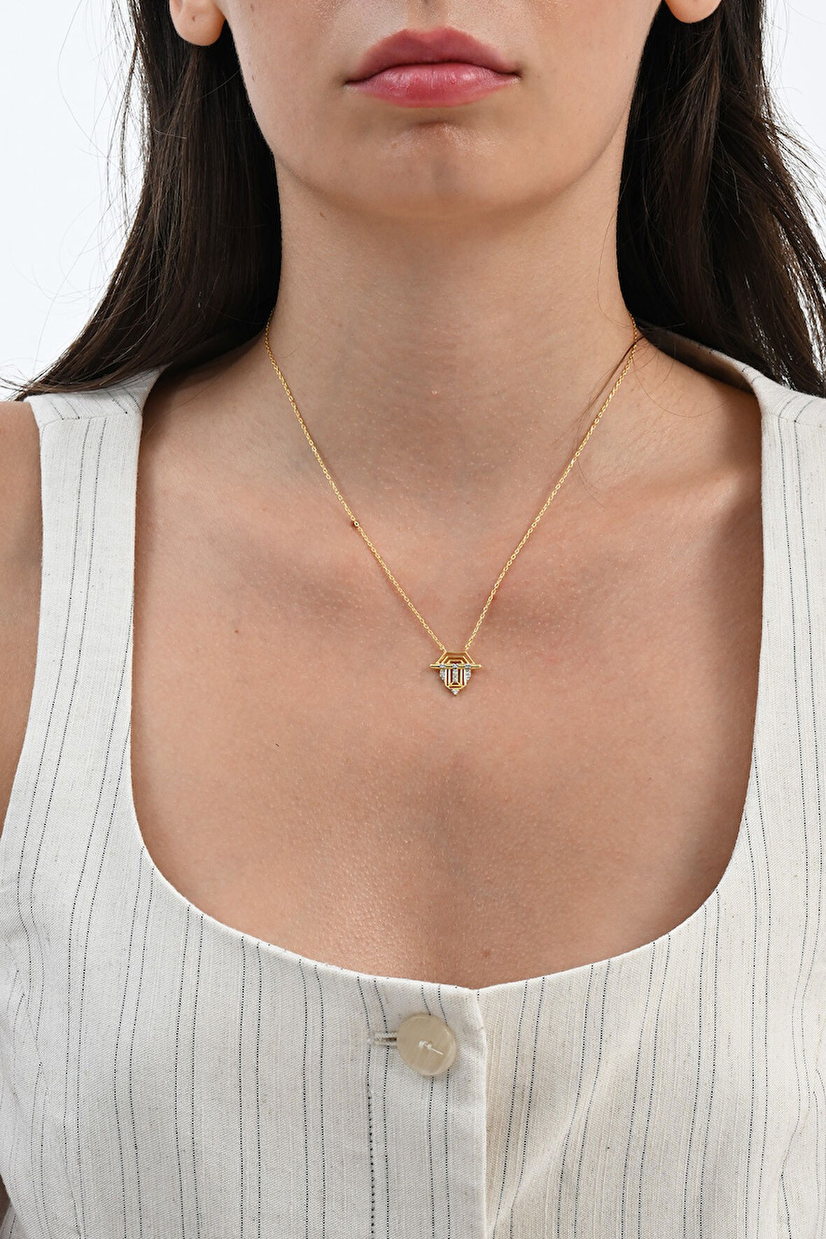 925 ayar Gümüş altın yaldızlı zirkon taşlı geometrik serenay kolye SGTL13096GOLD