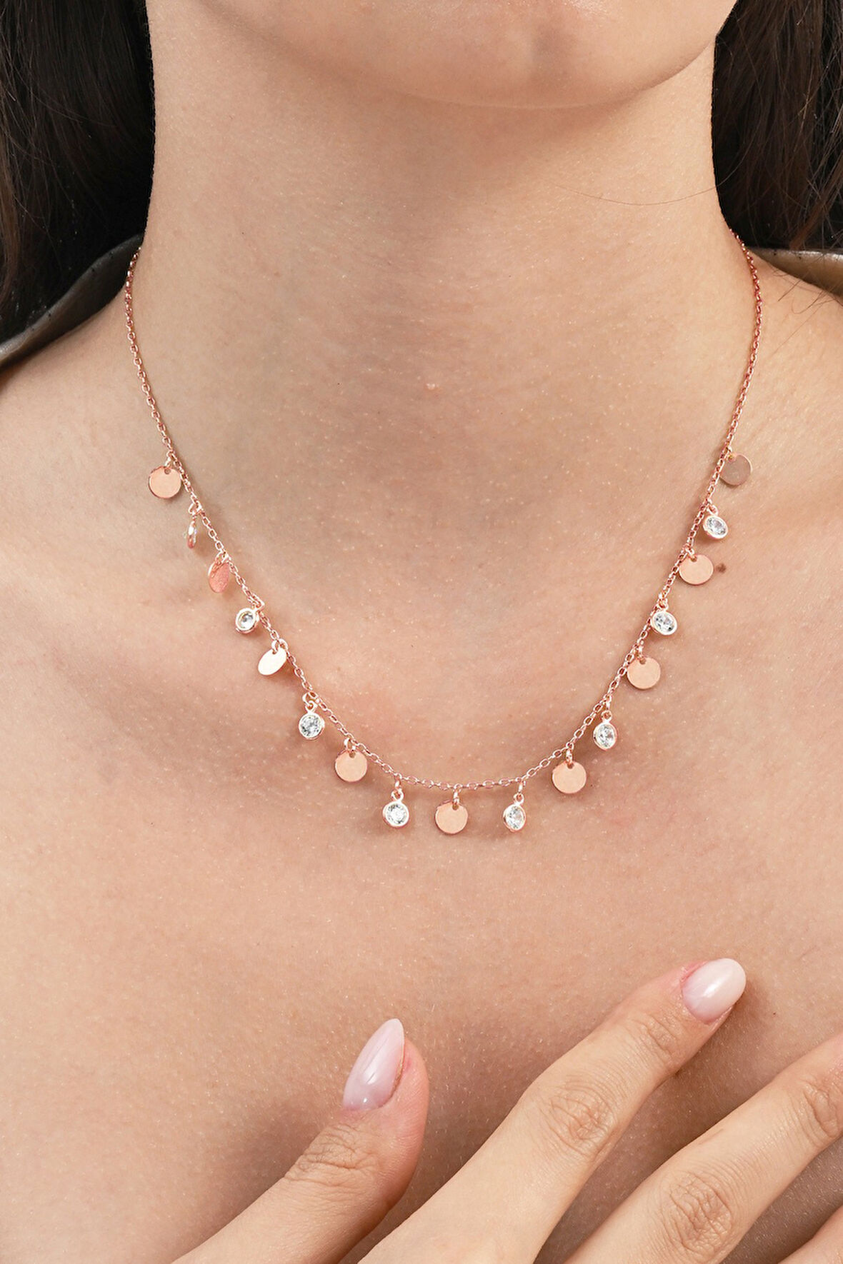 925 ayar gümüş rose zirkon taşlı gümüş pullu kolye  SGTL13097ROSE