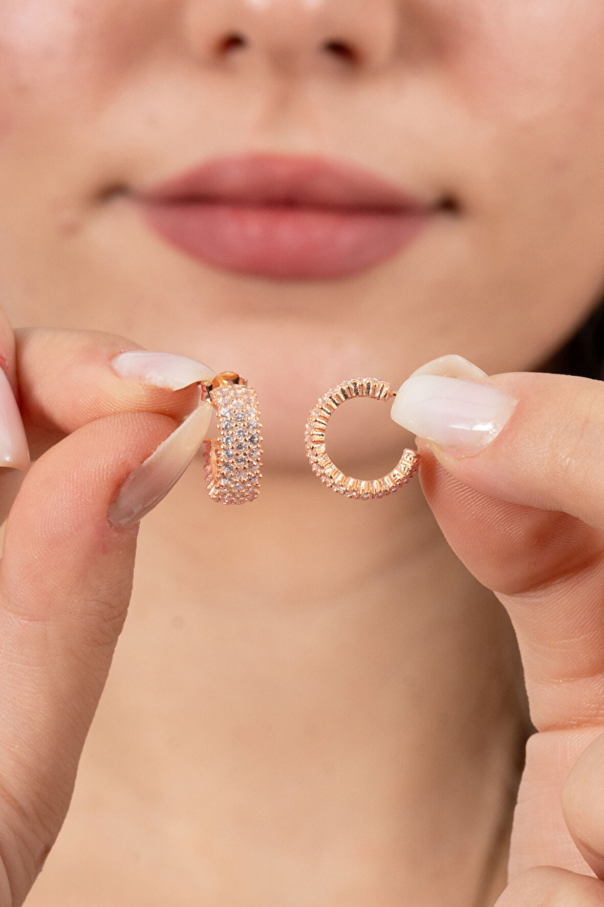 925 ayar gümüş küpe rose zirkon taşlı 3 sıra tamtur halka küpe SGTL13163ROSE