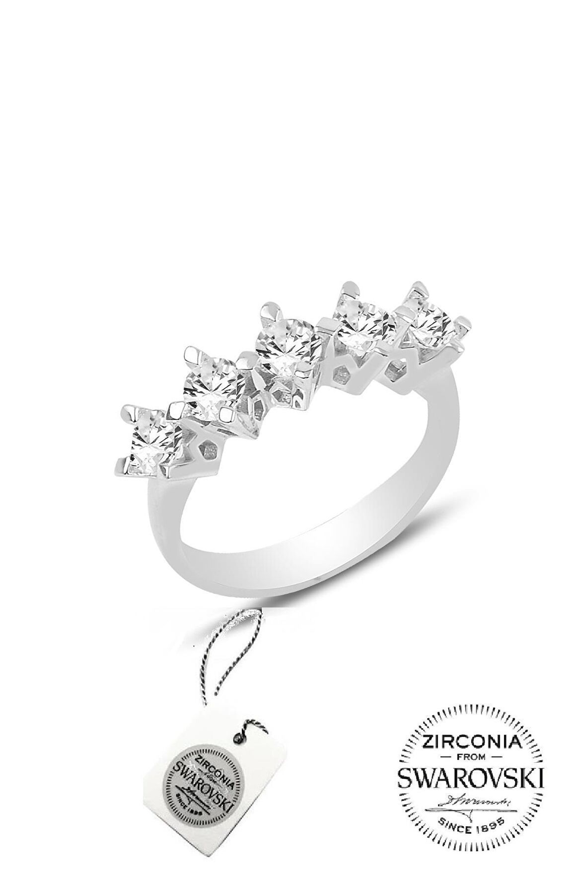 Gümüş Swarovski beş taşlı çapraz modeli yüzük