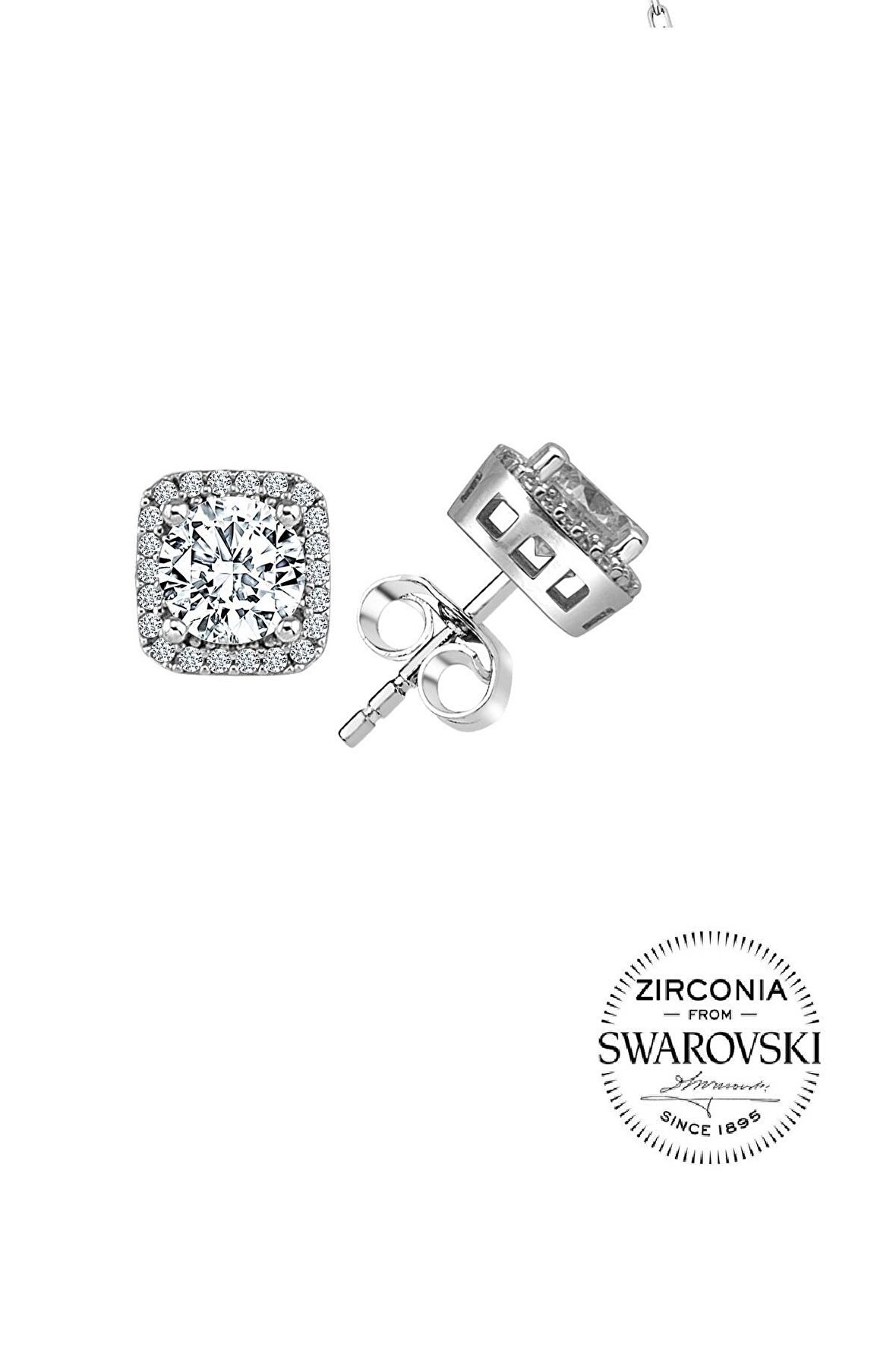 Gümüş Swarovski taşlı pırlanta modeli kare küpe