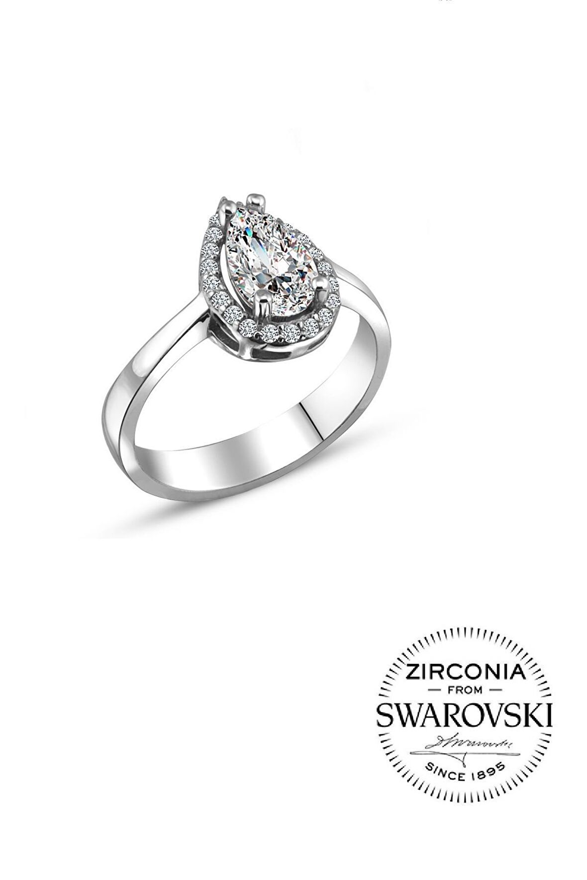 Gümüş Swarovski taşlı pırlanta modeli damla yüzük
