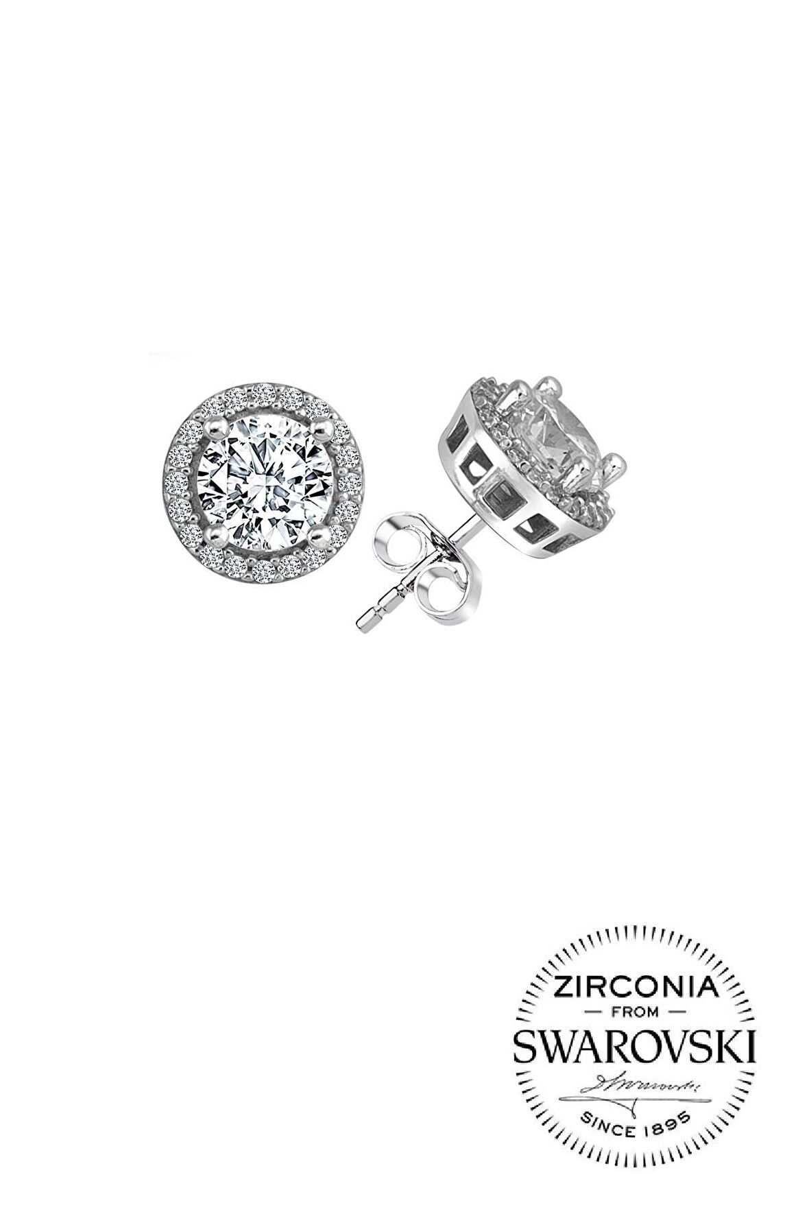 Gümüş Swarovski taşlı pırlanta modeli yuvarlak küpe