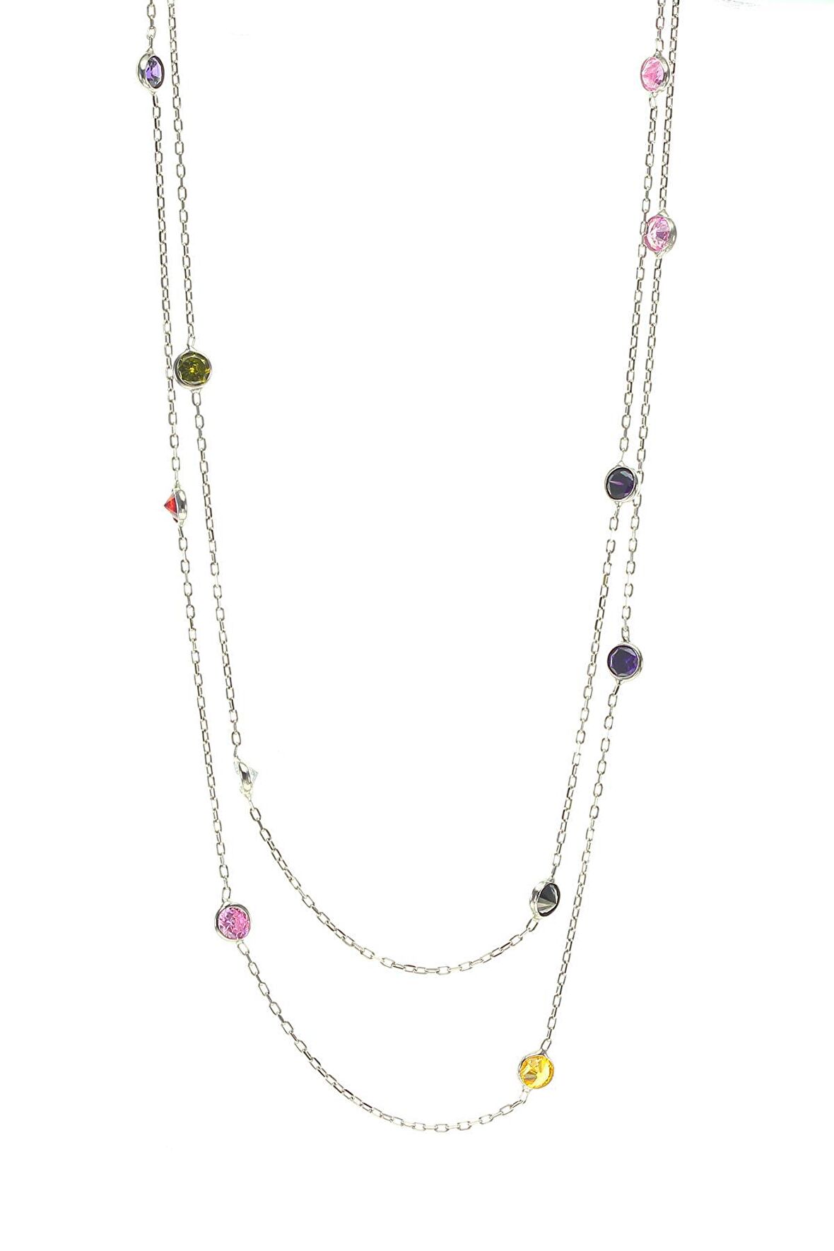 Gümüş rodyumlu renkli sıra taşlı kolye