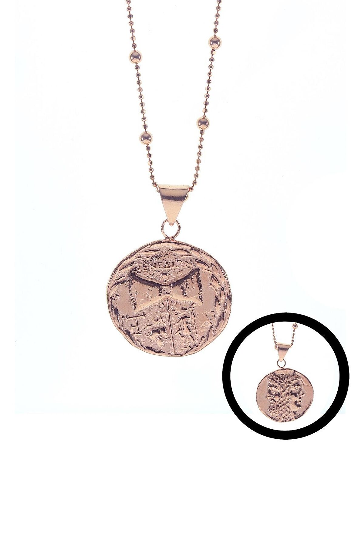 Gümüş top top zincirli çift taraflı antik para kolye