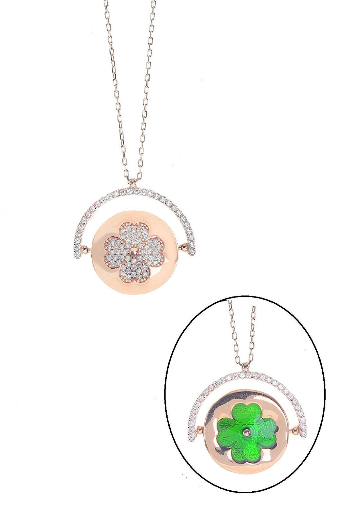 Gümüş çift taraflı mineli ve zirkon taşlı yonca kolye