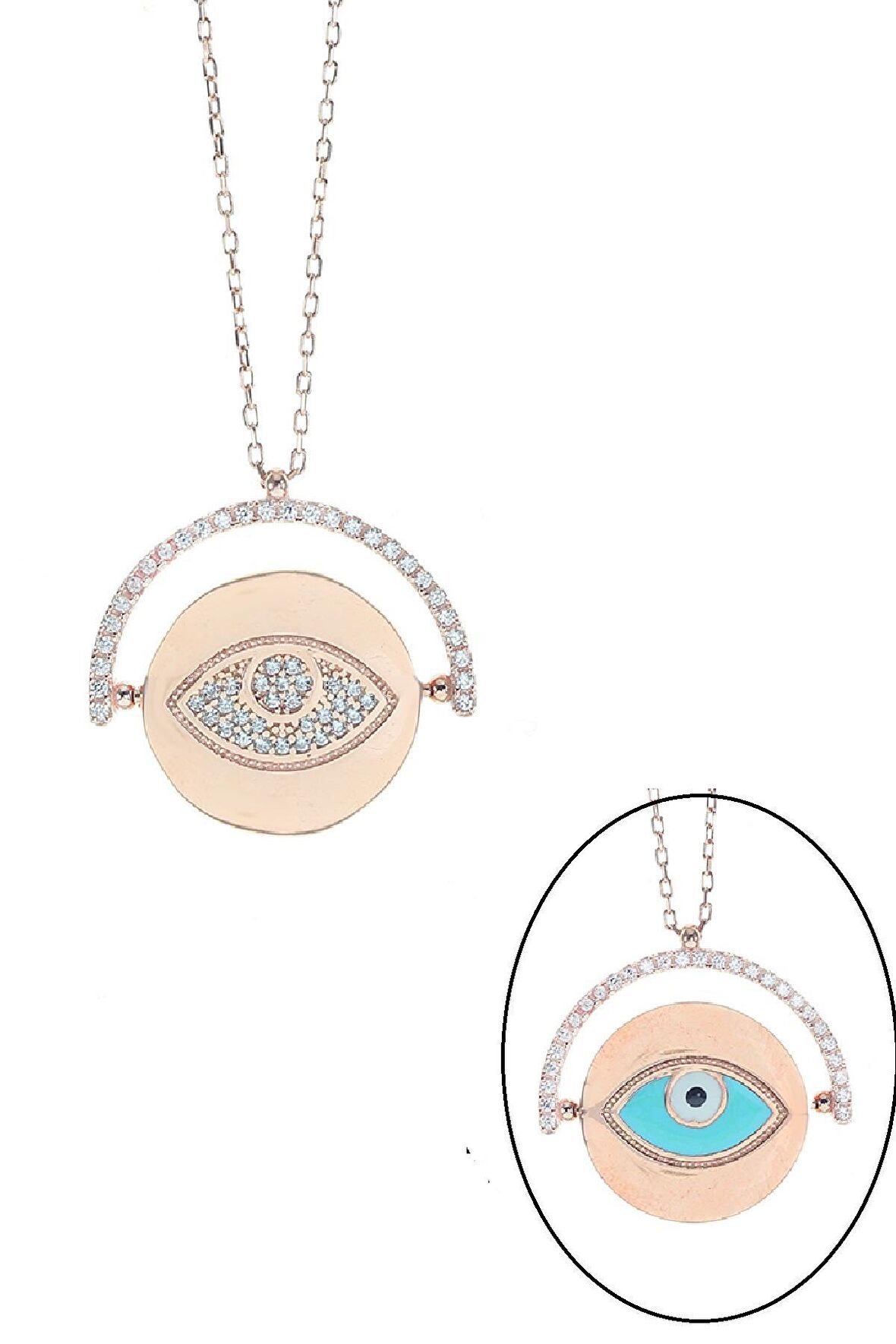 Gümüş çift taraflı mineli ve zirkon taşlı göz kolye