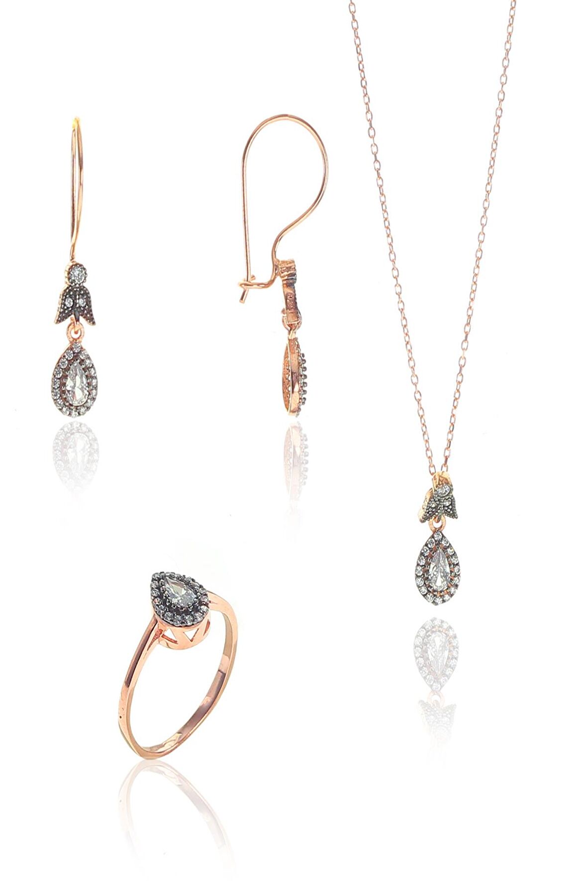 Gümüş rose zirkon taşlı elmas montürlü damla set