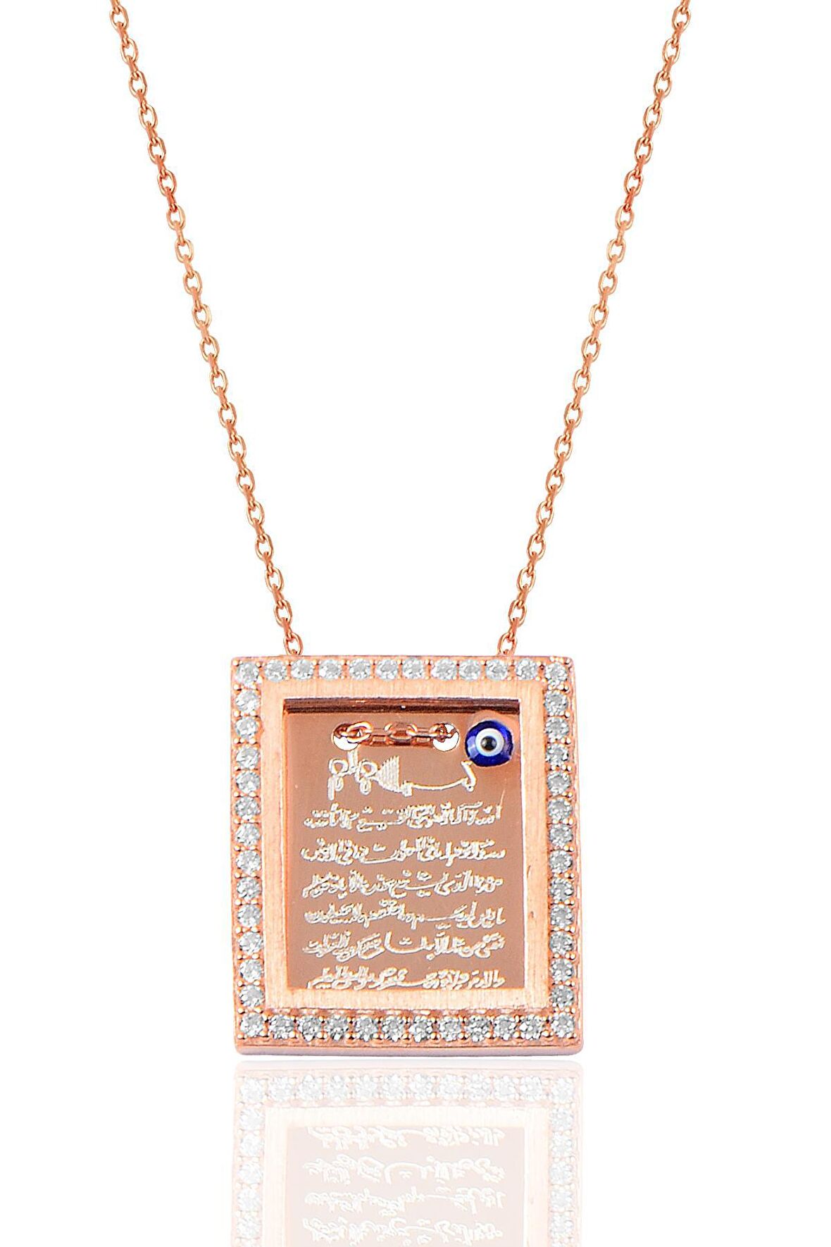 Gümüş rose çerçeveli zirkon taşlı Ayetel kürsü yazılı plaka kolye