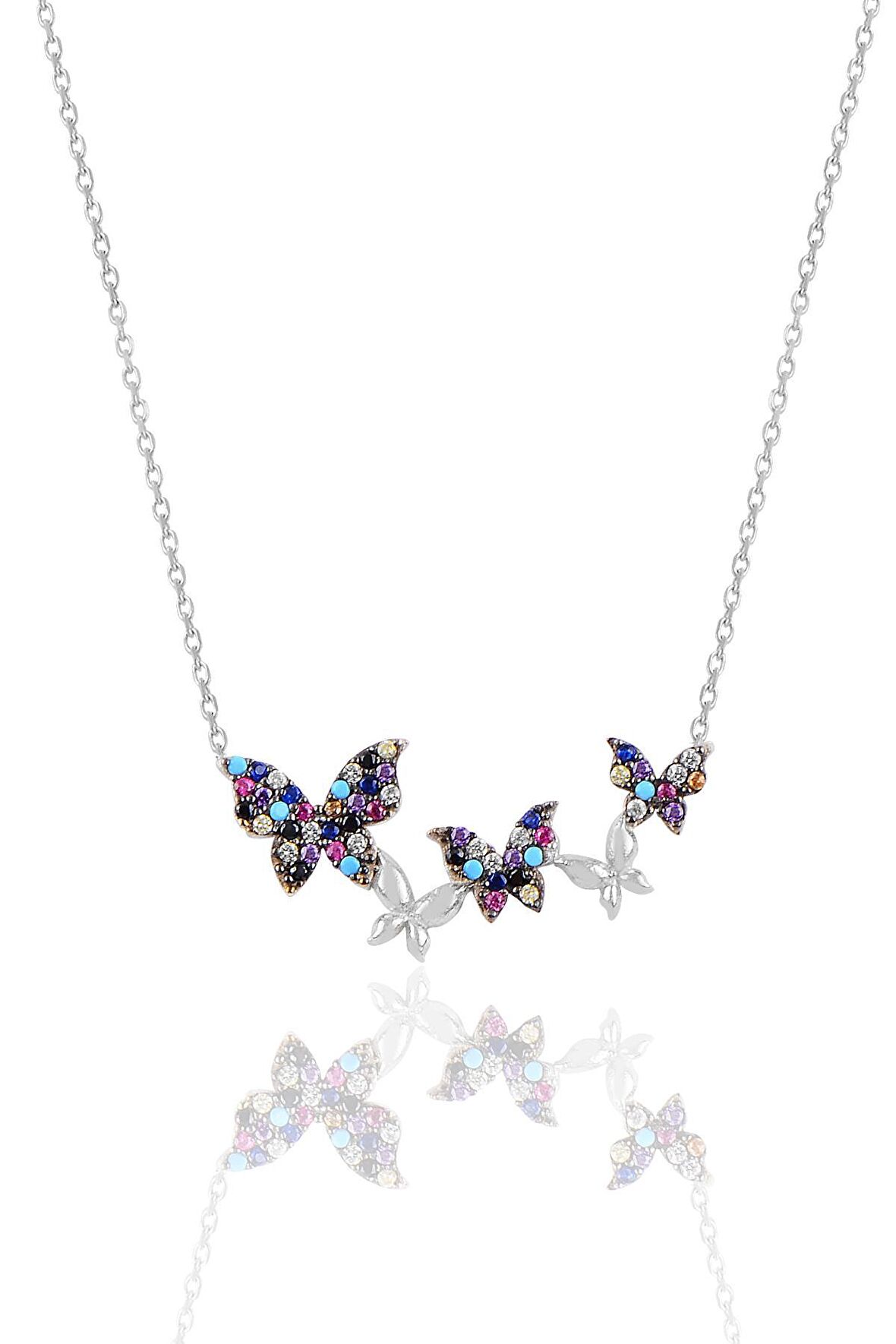 Gümüş renkli rodyumlu uçuşan kelebekler kolye