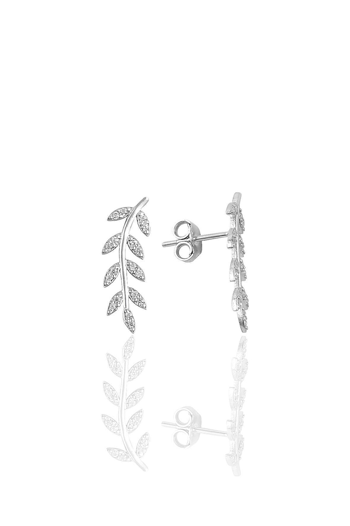 Gümüş zirkon taşlı yaprak modeli küpe