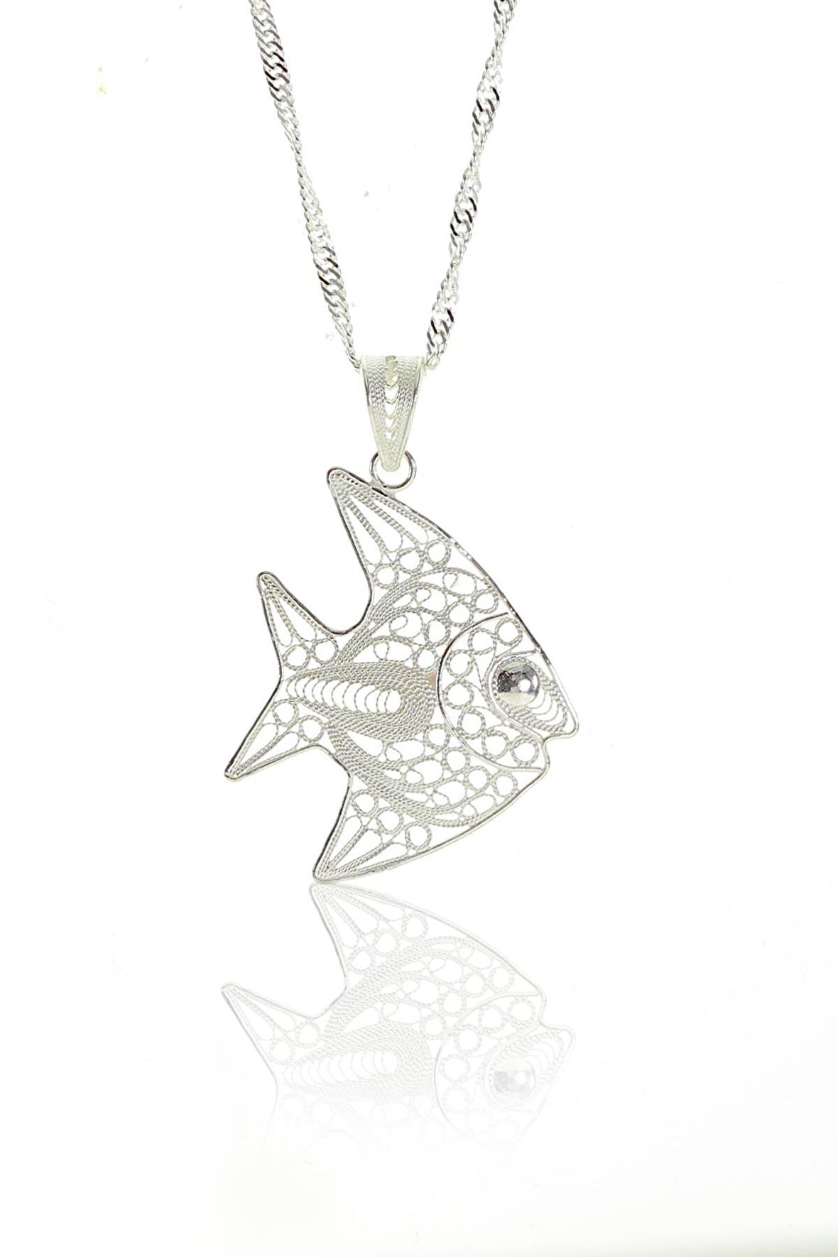 Gümüş telkari balık modeli ve singapur zincir kolye