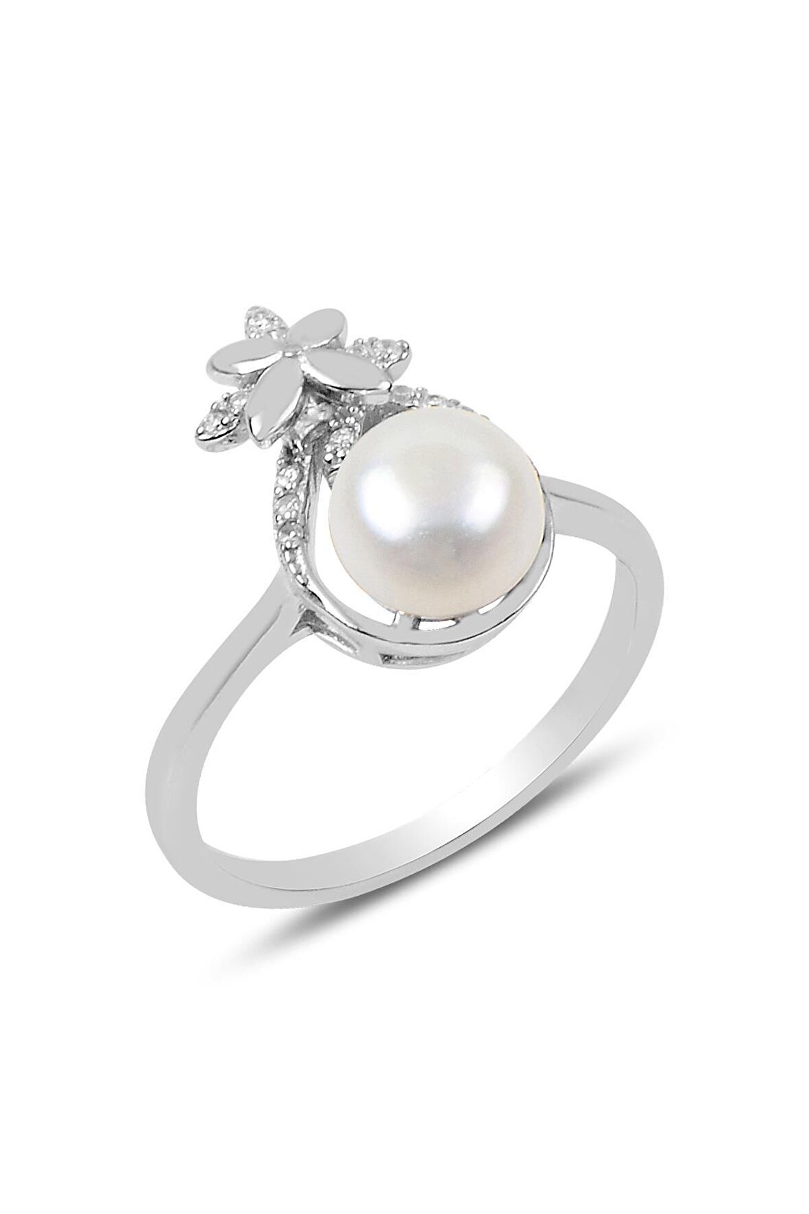 Gümüş incili ve zirkon taşlı damla modeli yüzük